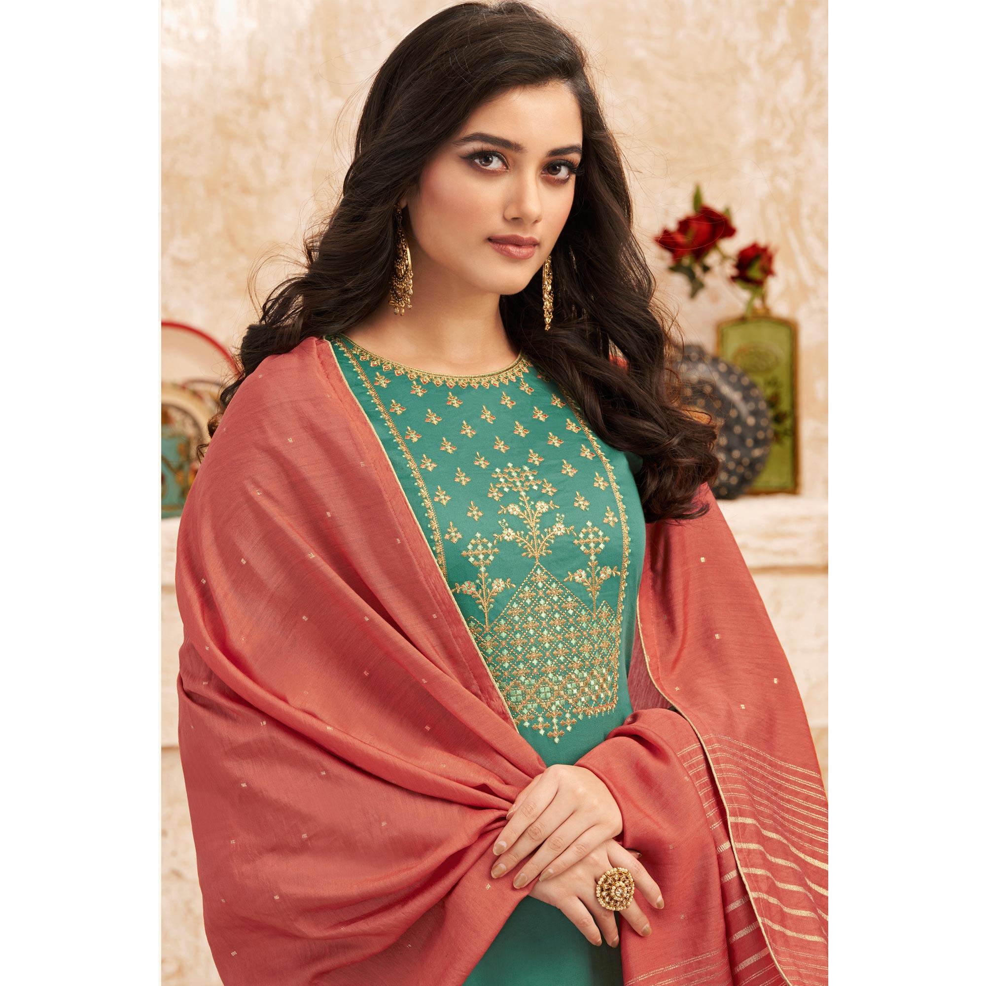 Green Partywear Embroidered Jaam Silk Suit - Peachmode