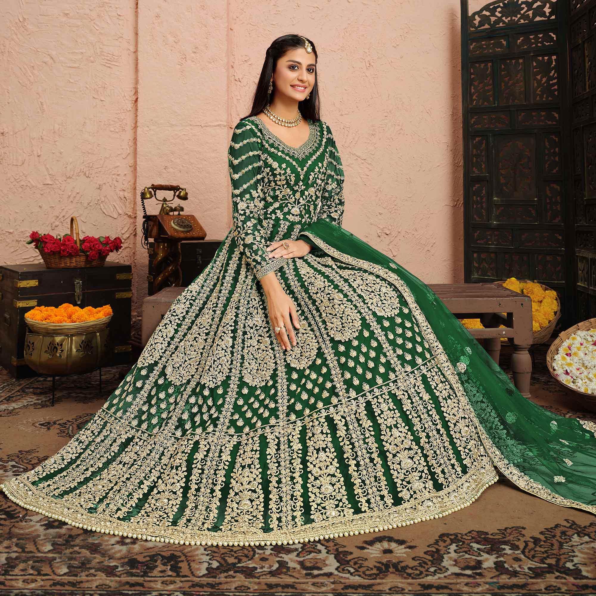 Green Partywear Embroidered Net Anarkali Suit - Peachmode