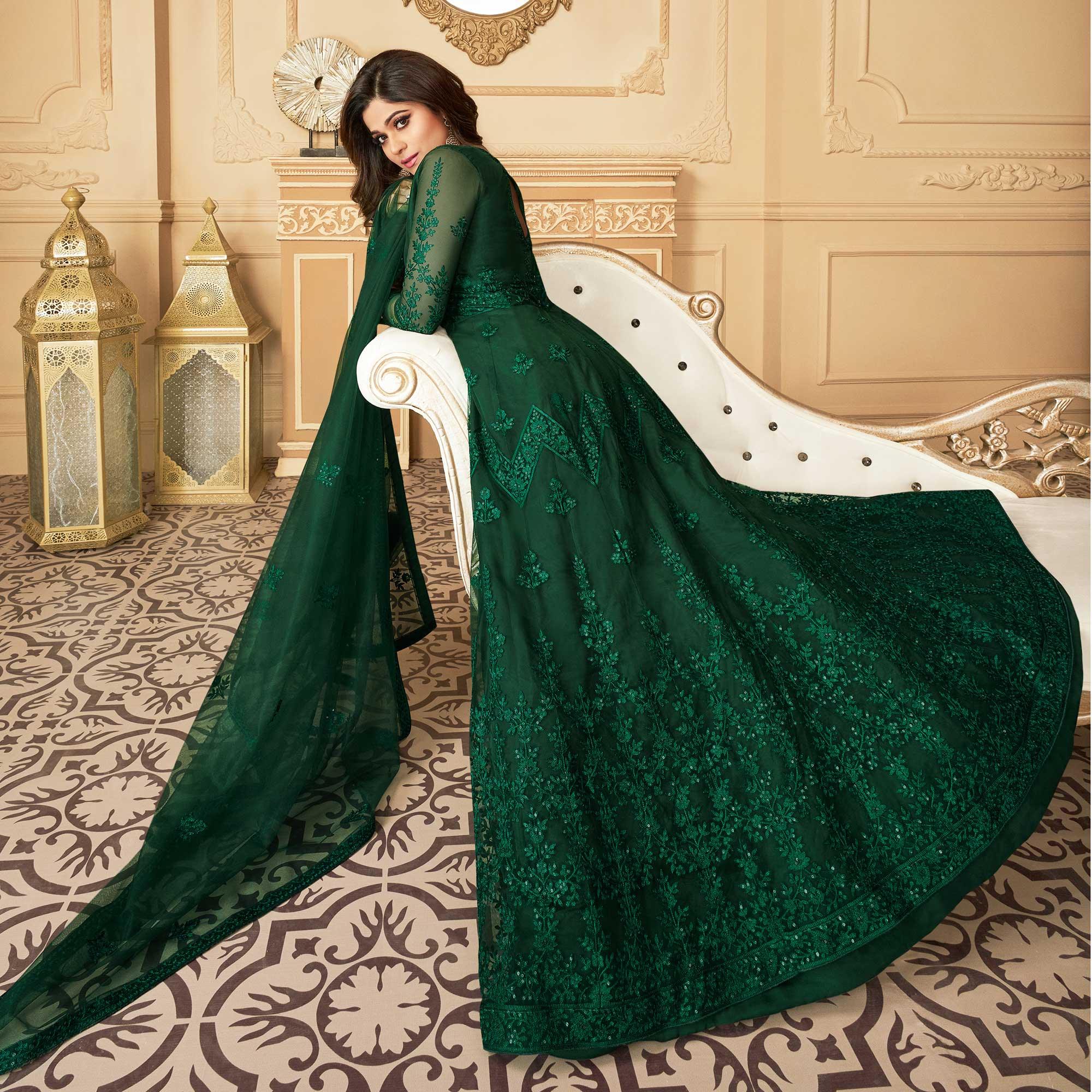 Green Partywear Embroidered Net Anarkali Suit - Peachmode