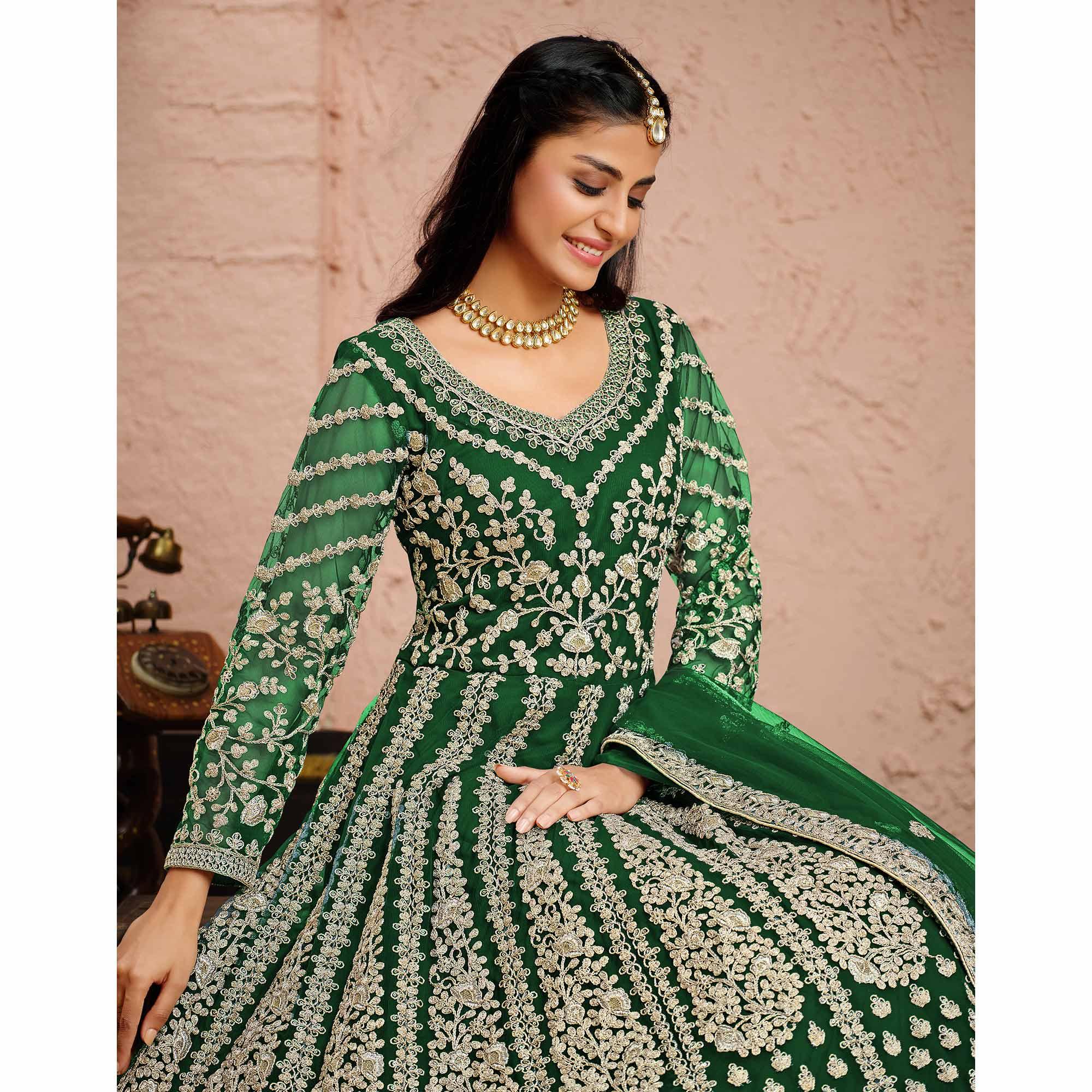 Green Partywear Embroidered Net Anarkali Suit - Peachmode