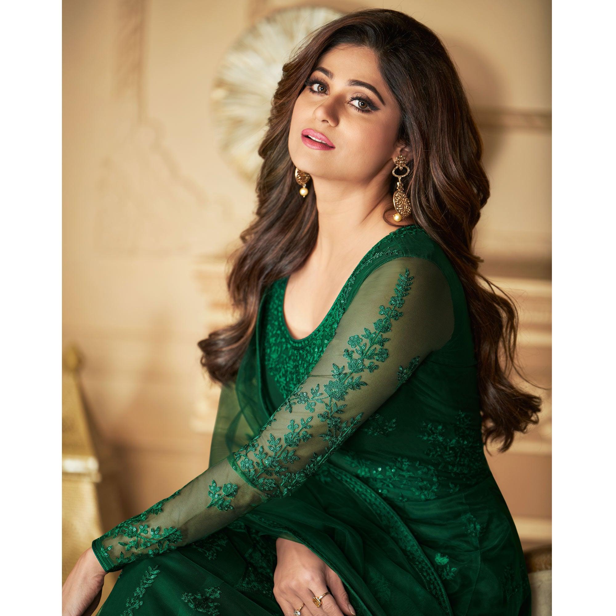 Green Partywear Embroidered Net Anarkali Suit - Peachmode