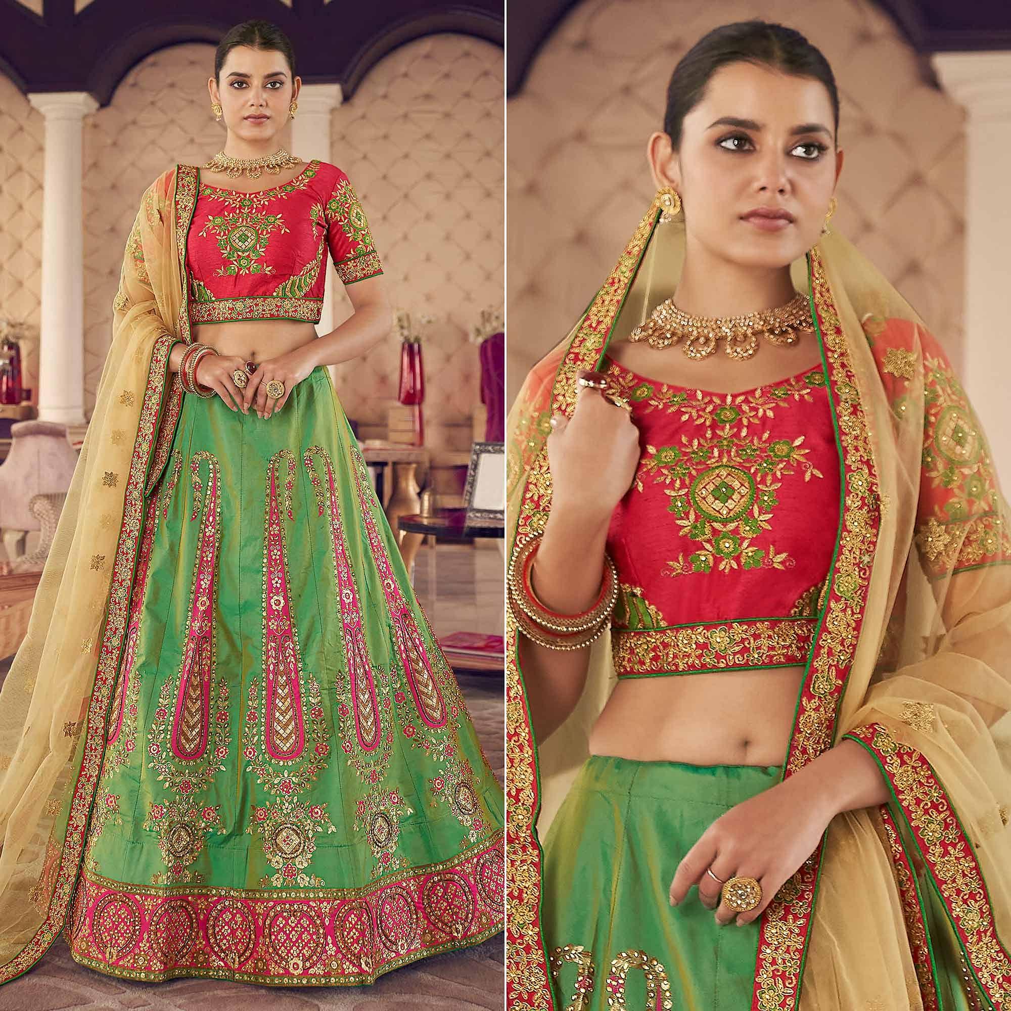 Green Partywear Embroidered Organza Lehenga Choli - Peachmode