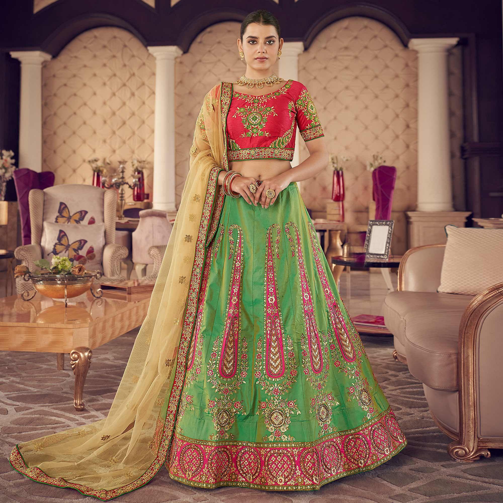 Green Partywear Embroidered Organza Lehenga Choli - Peachmode