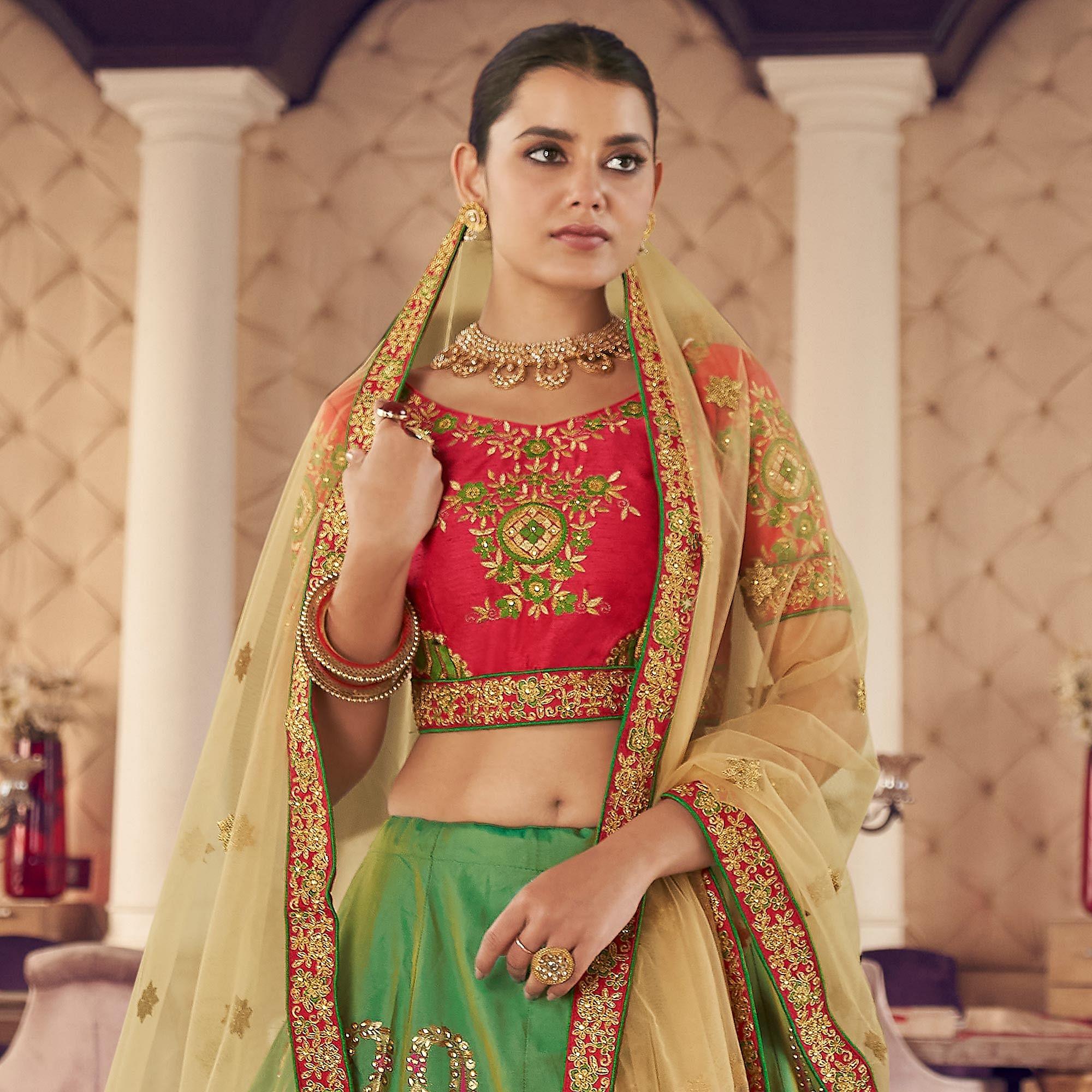 Green Partywear Embroidered Organza Lehenga Choli - Peachmode