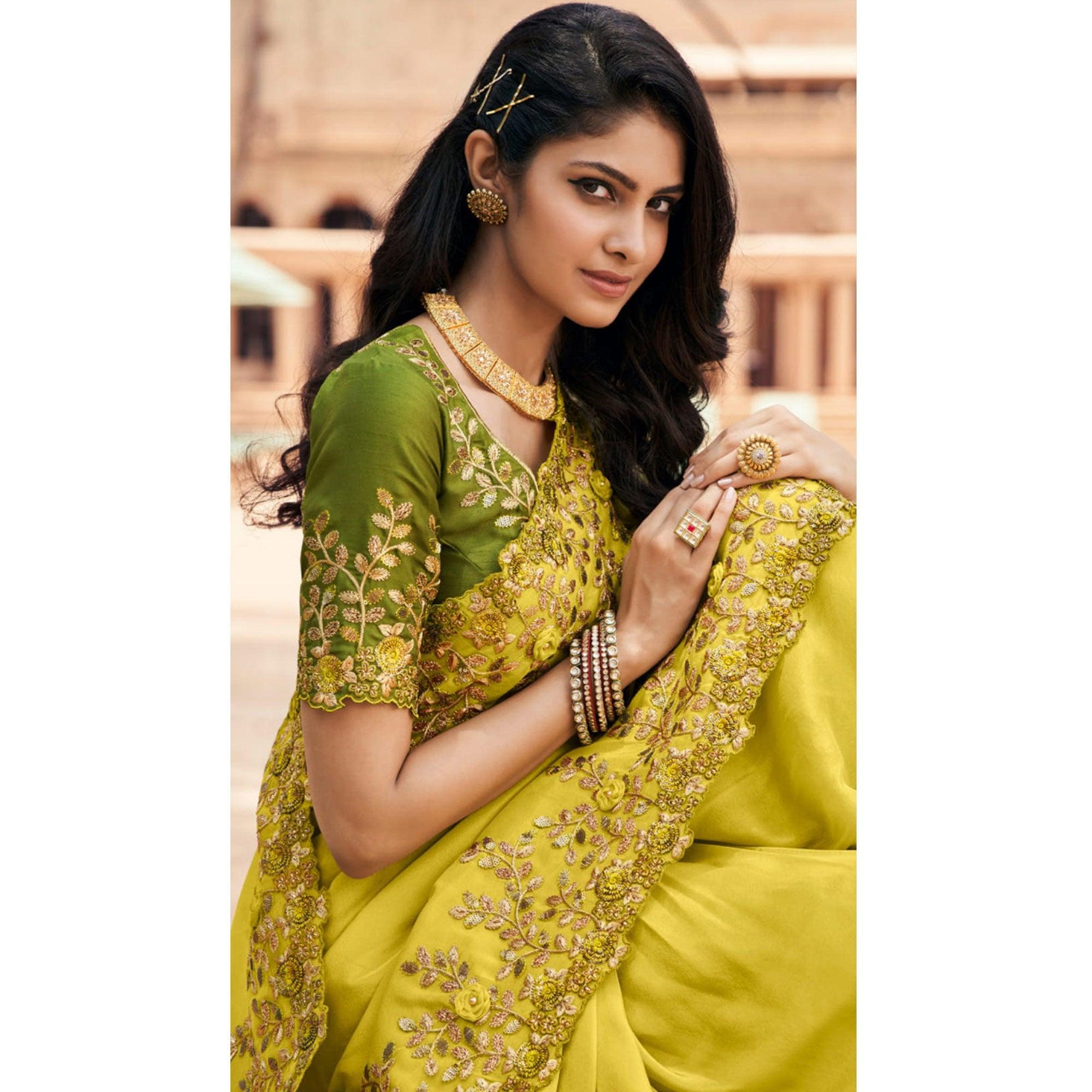 Green Partywear Embroidered Organza Saree - Peachmode