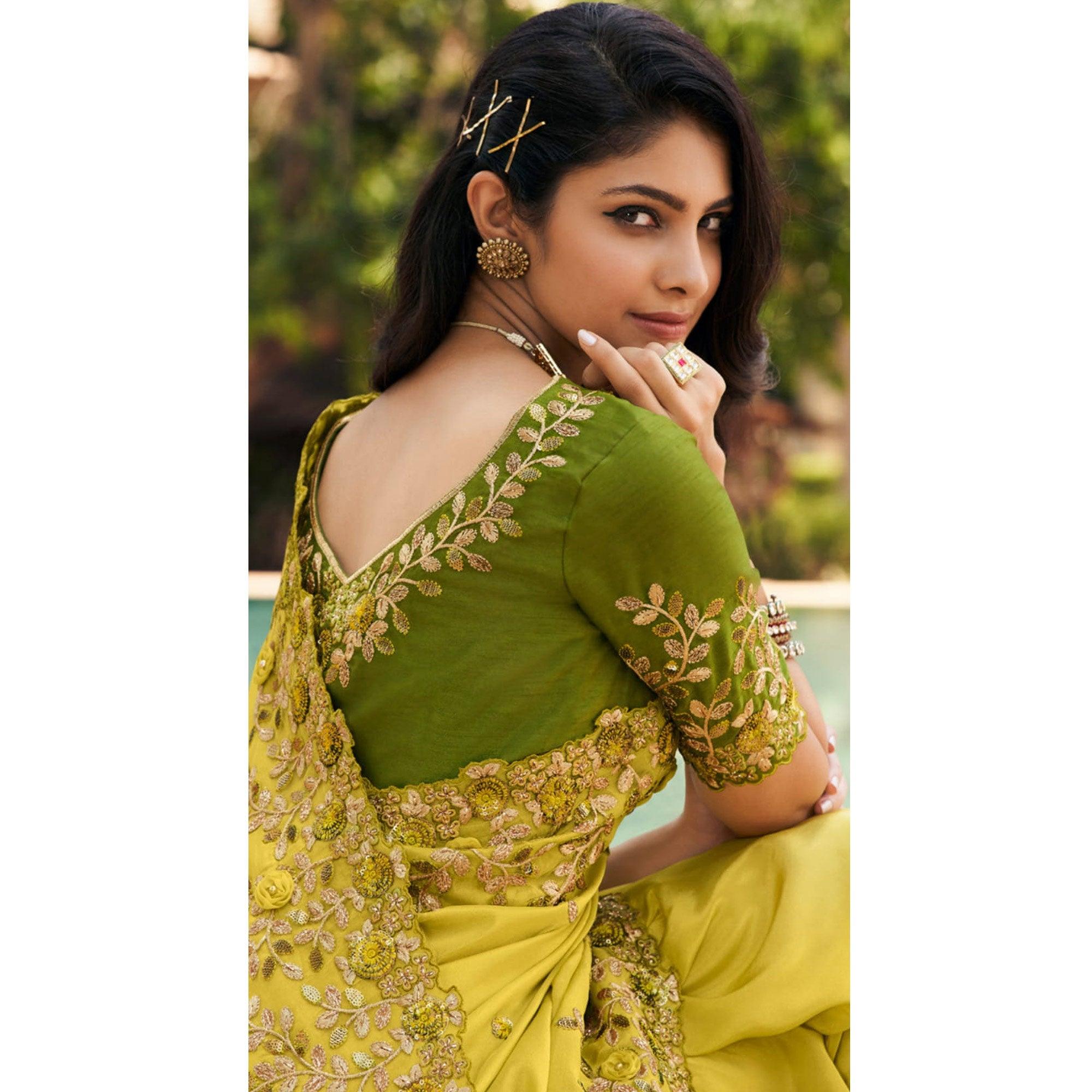 Green Partywear Embroidered Organza Saree - Peachmode