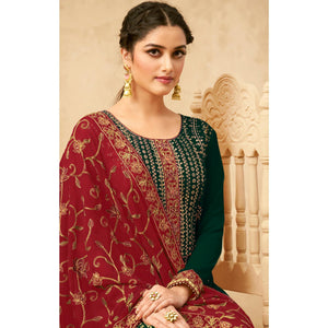 Green Partywear Embroidered Pure Georgette Kurti Pant Set With Dupatta - Peachmode