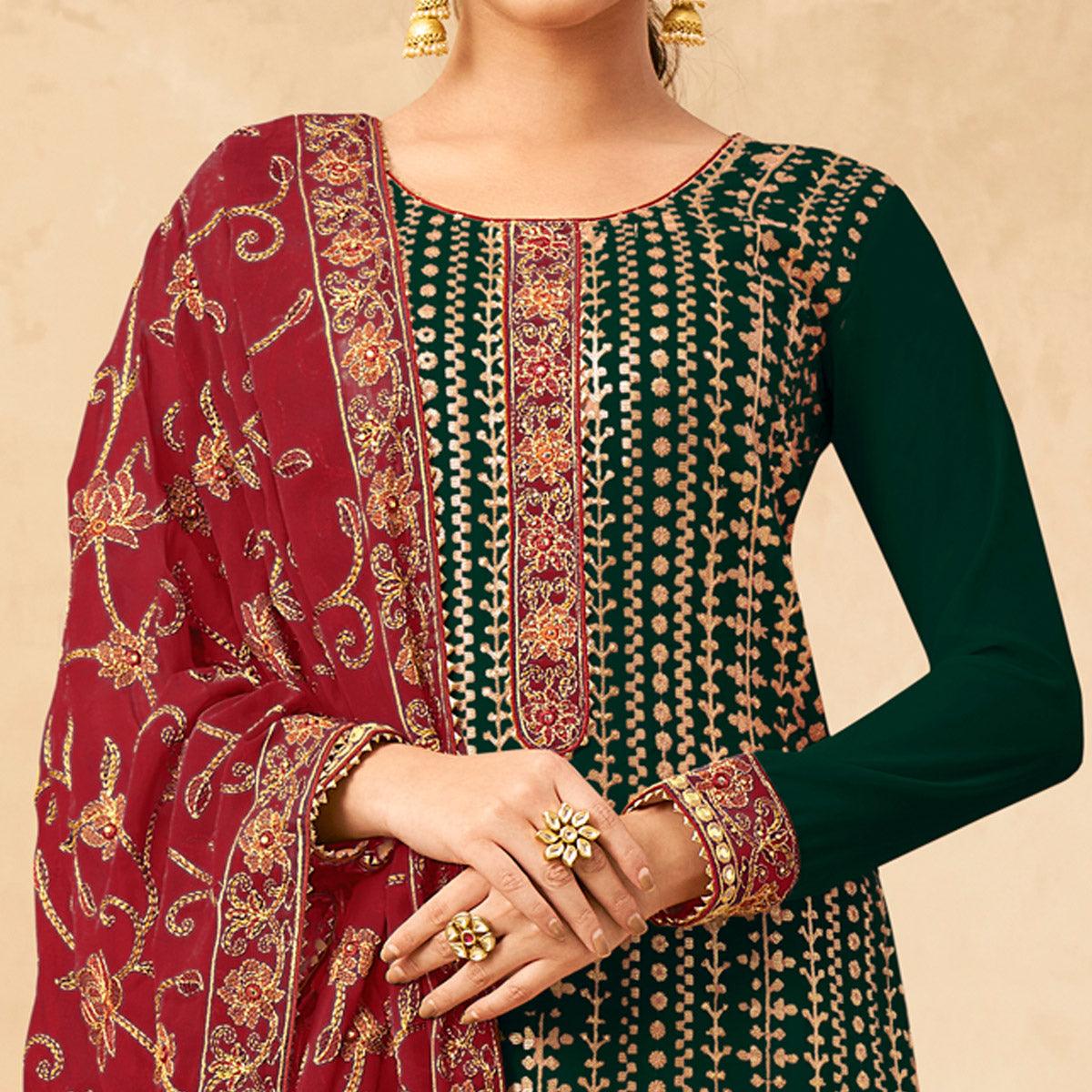 Green Partywear Embroidered Pure Georgette Kurti Pant Set With Dupatta - Peachmode