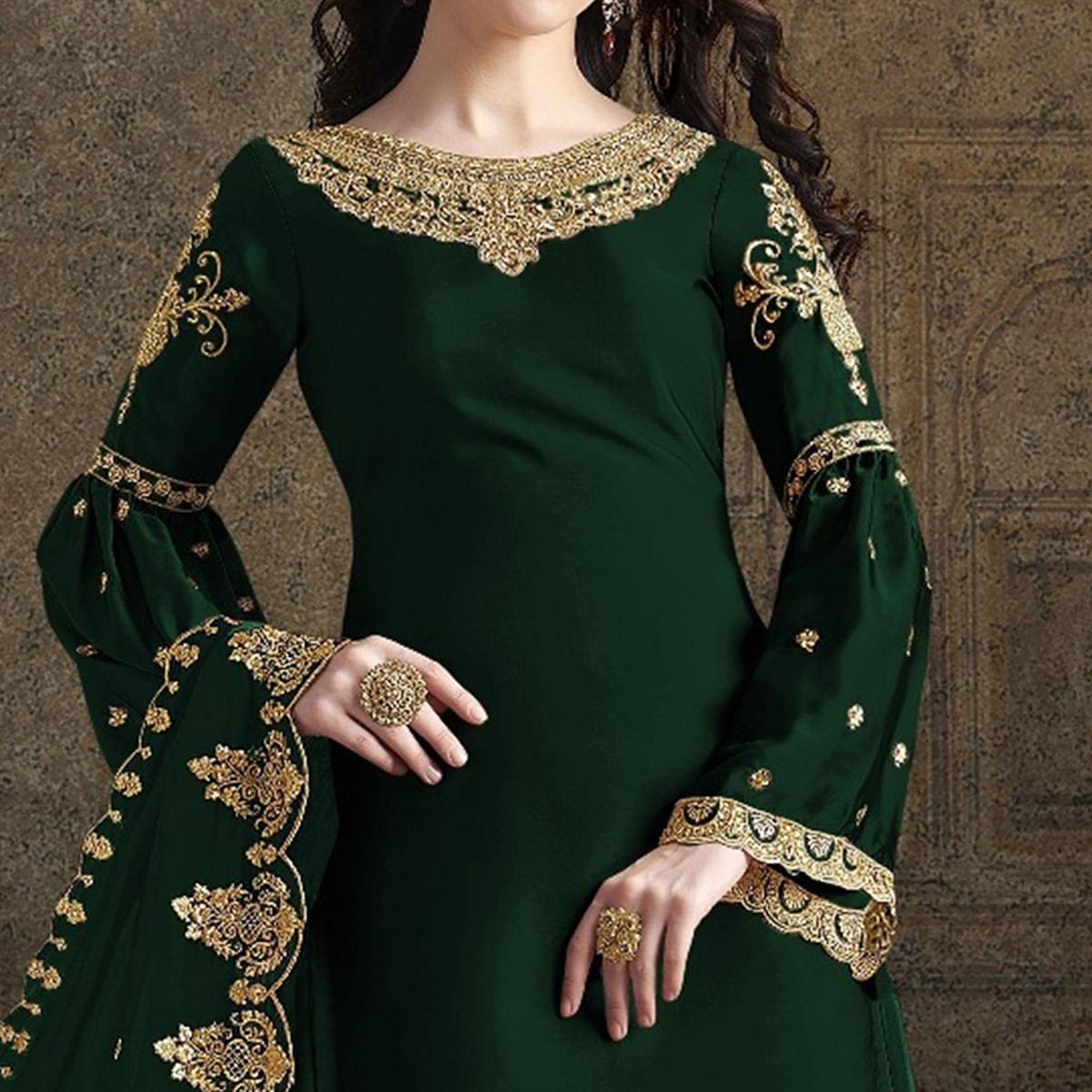 Green Partywear Embroidered Rangoli Georgette Palazzo Suit - Peachmode