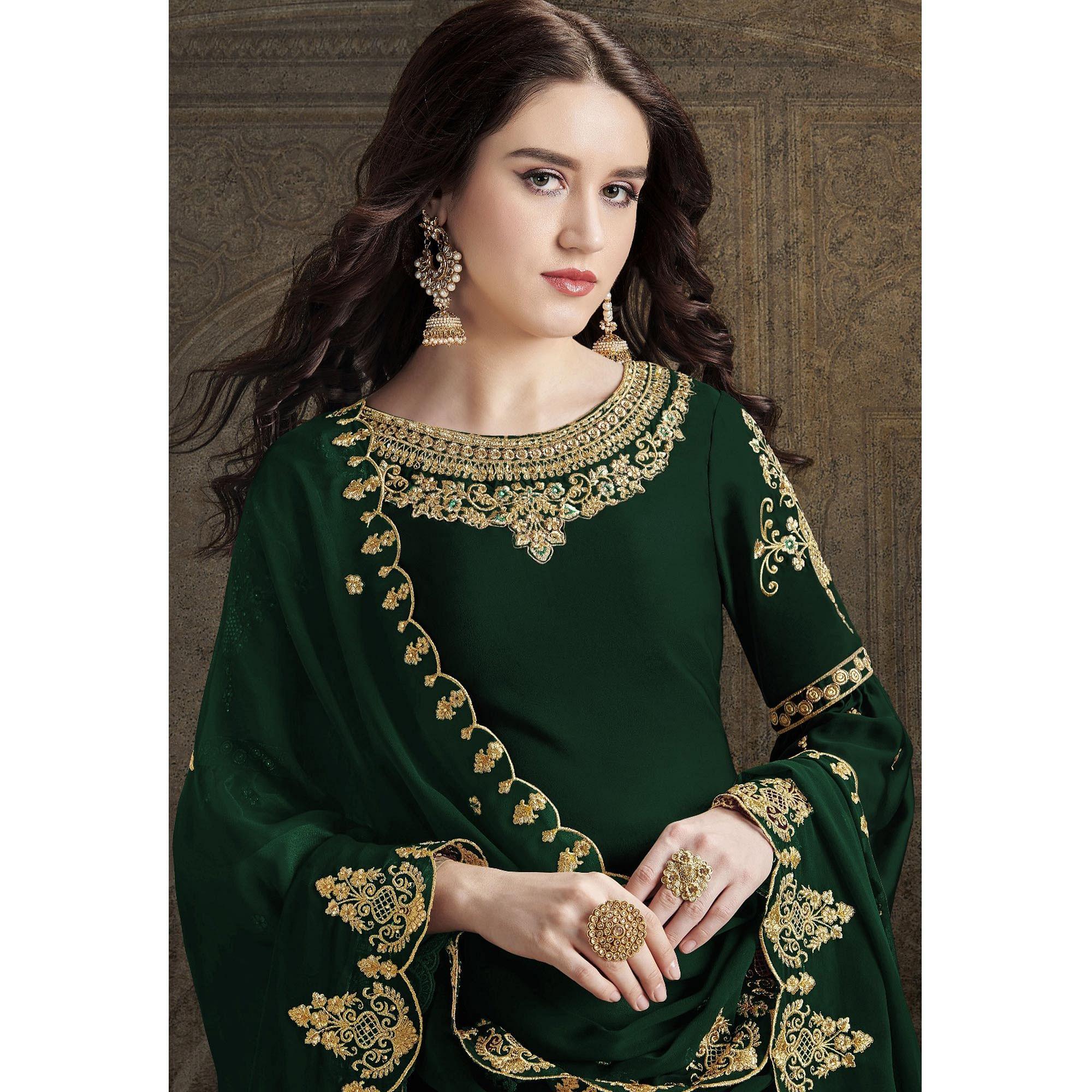 Green Partywear Embroidered Rangoli Georgette Palazzo Suit - Peachmode