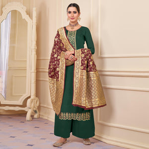 Green Partywear Embroidered Rayon Palazzo Suit - Peachmode