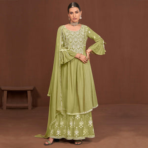 Green Partywear Embroidered Rayon Palazzo Suit - Peachmode