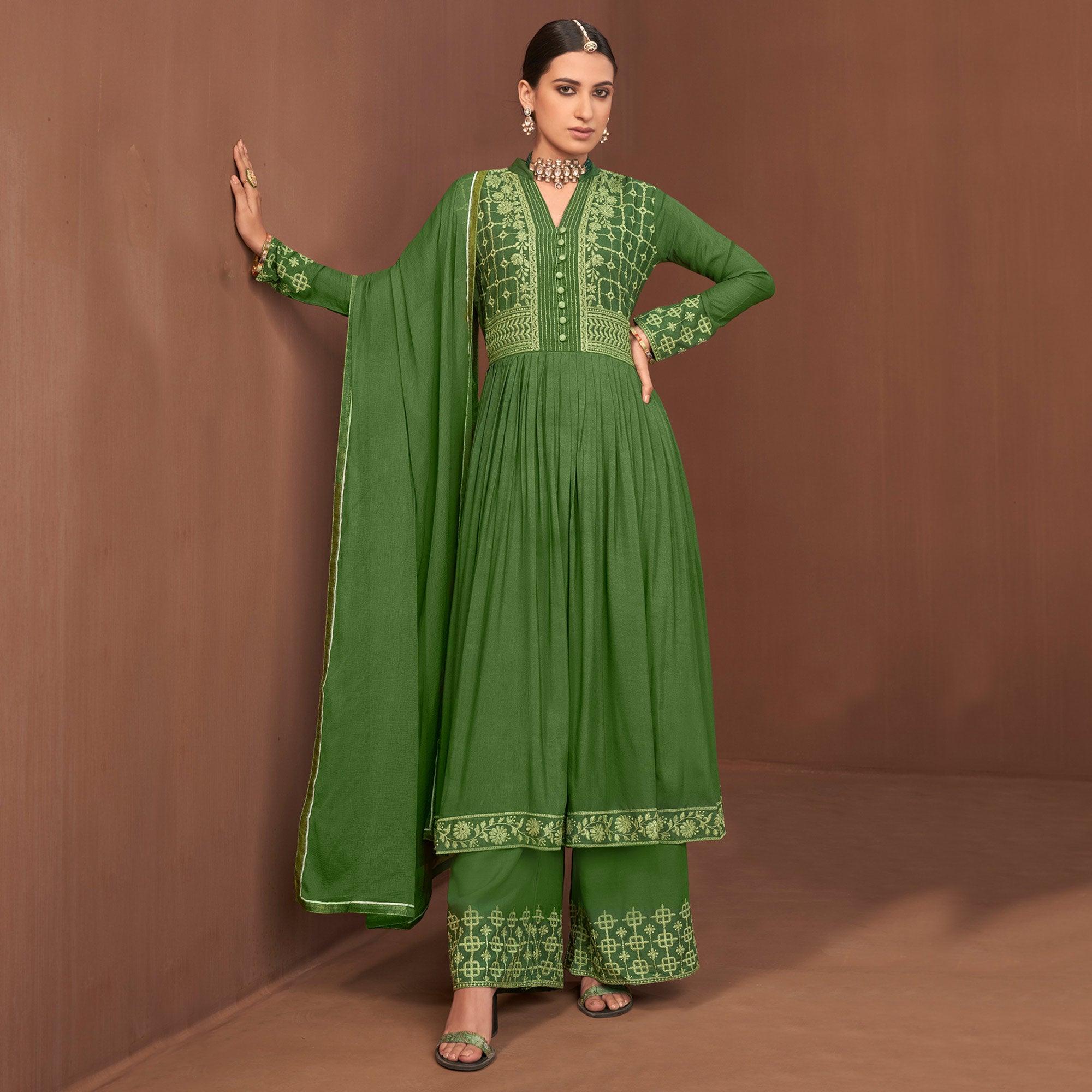 Green Partywear Embroidered Rayon Palazzo Suit - Peachmode