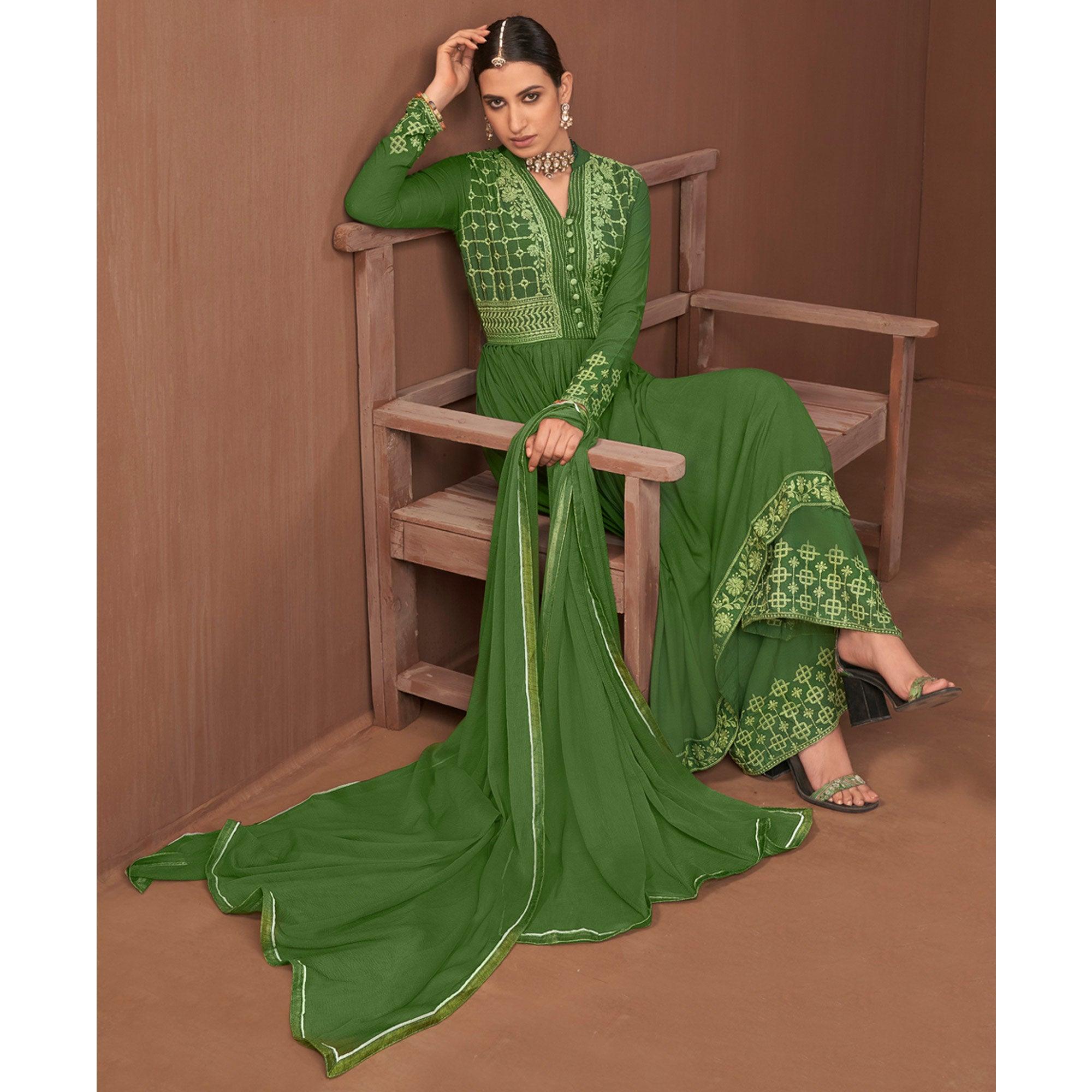 Green Partywear Embroidered Rayon Palazzo Suit - Peachmode