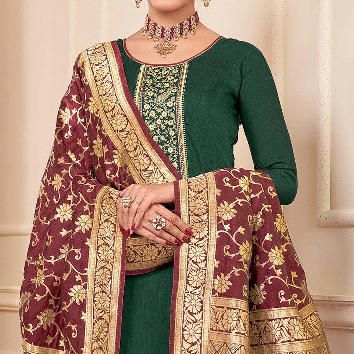 Green Partywear Embroidered Rayon Palazzo Suit - Peachmode