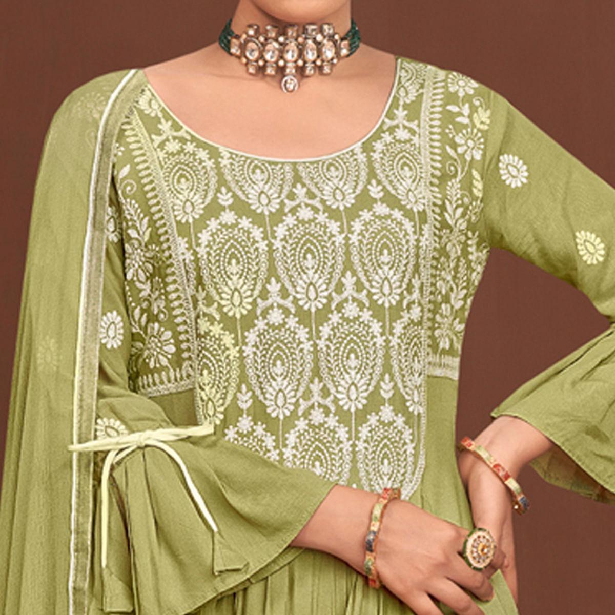 Green Partywear Embroidered Rayon Palazzo Suit - Peachmode