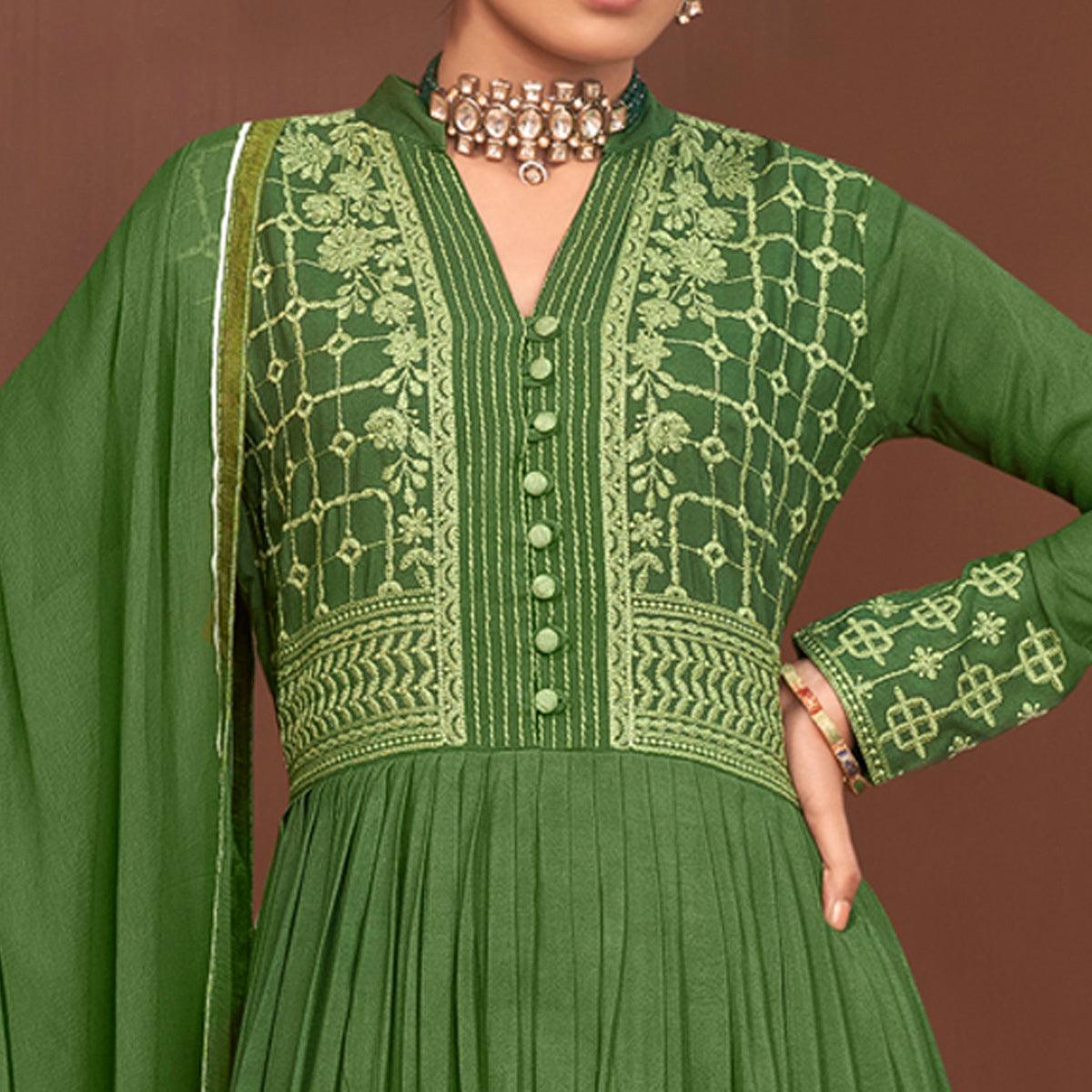 Green Partywear Embroidered Rayon Palazzo Suit - Peachmode