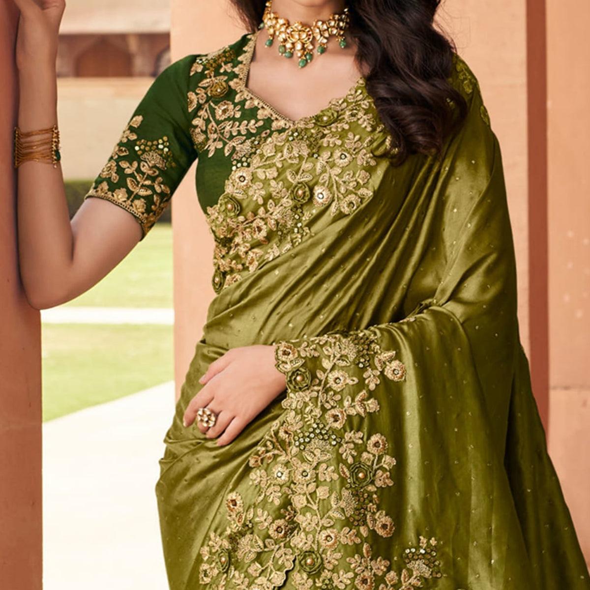 Green Partywear Embroidered Russian Silk Saree - Peachmode