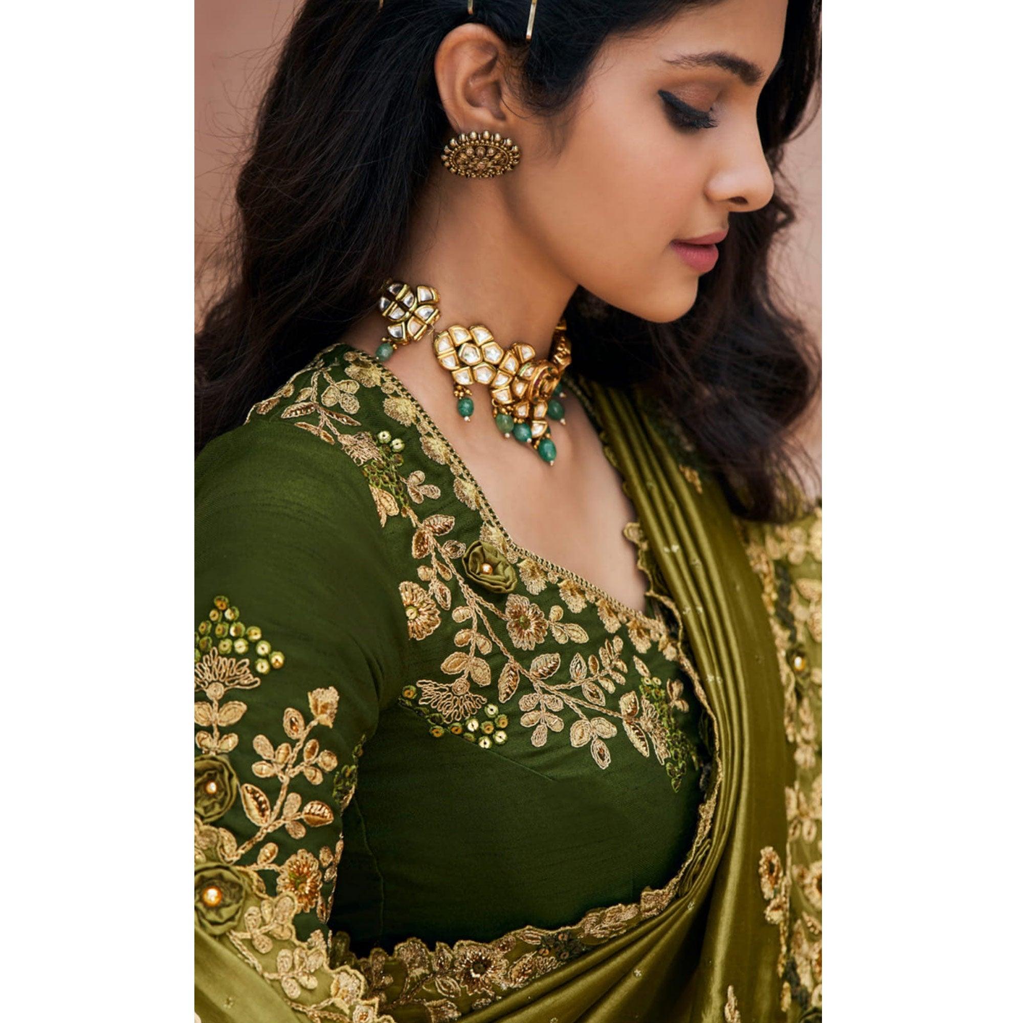 Green Partywear Embroidered Russian Silk Saree - Peachmode