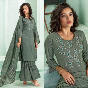 Green Partywear Embroidered Silk Palazzo Suit with Dupatta - Peachmode