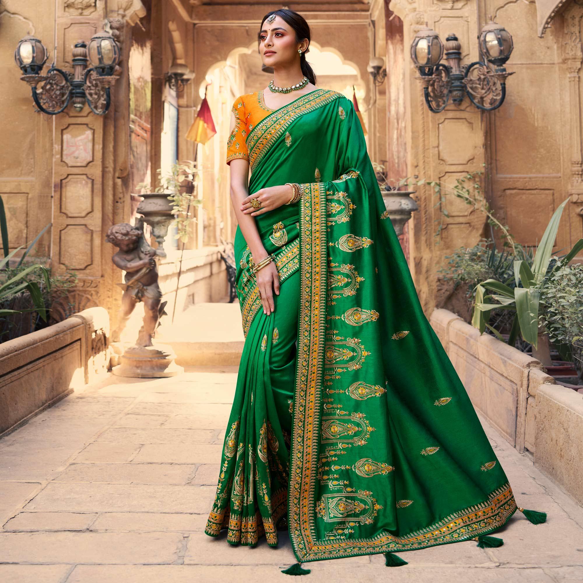 Green Partywear Embroidered Silk Saree - Peachmode
