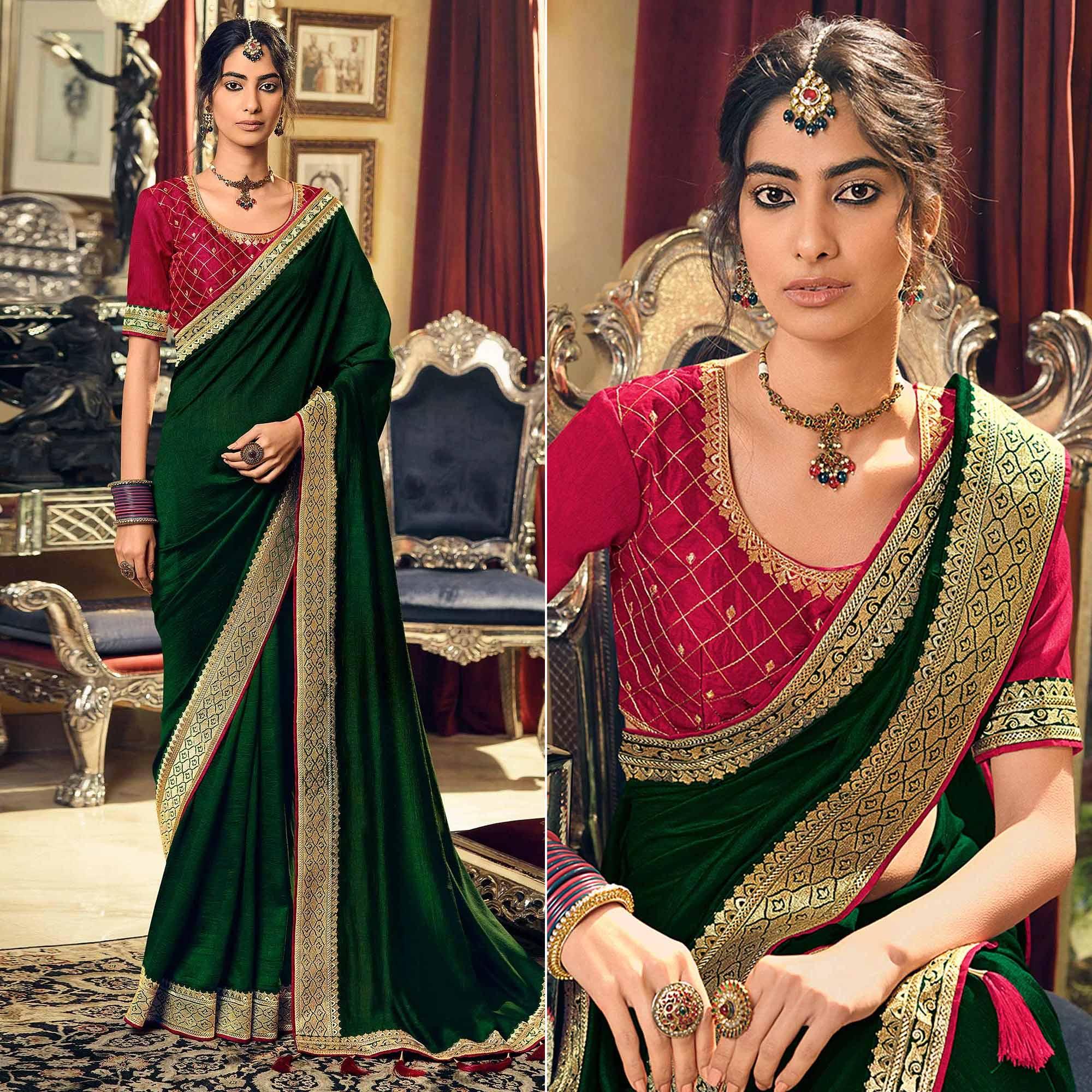 Green Partywear Embroidered Silk Saree - Peachmode