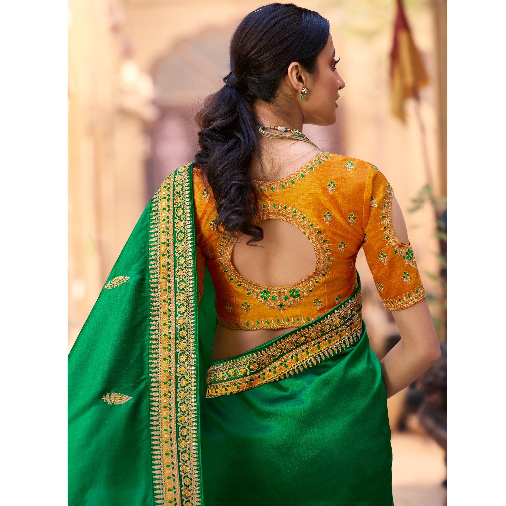 Green Partywear Embroidered Silk Saree - Peachmode