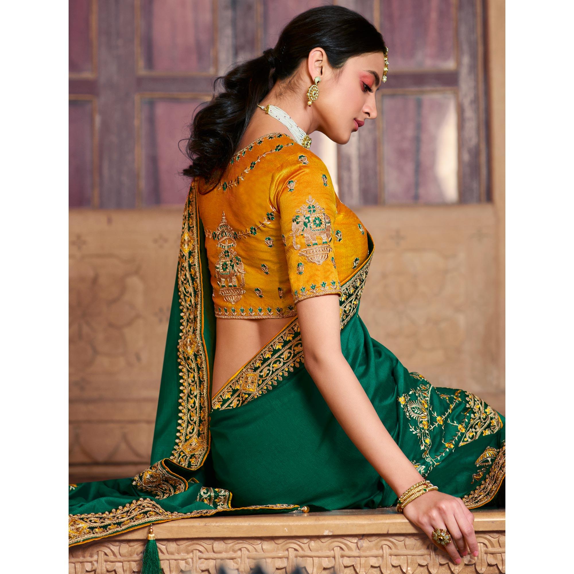 Green Partywear Embroidered Silk Saree - Peachmode