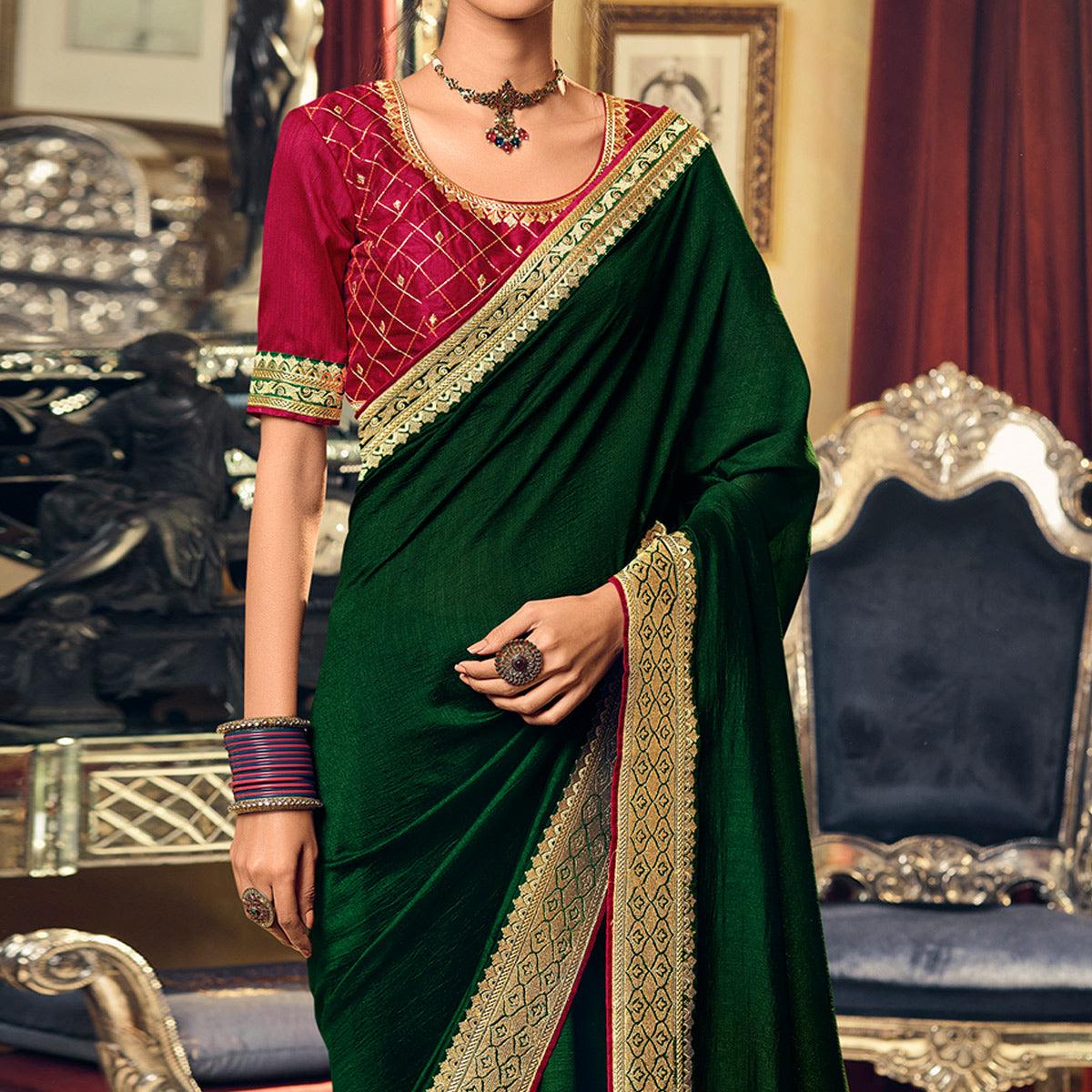 Green Partywear Embroidered Silk Saree - Peachmode