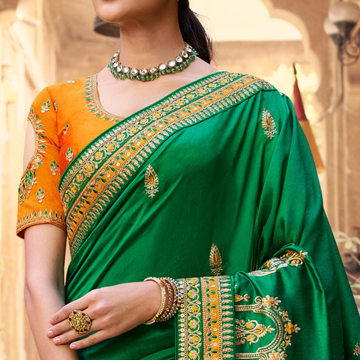 Green Partywear Embroidered Silk Saree - Peachmode