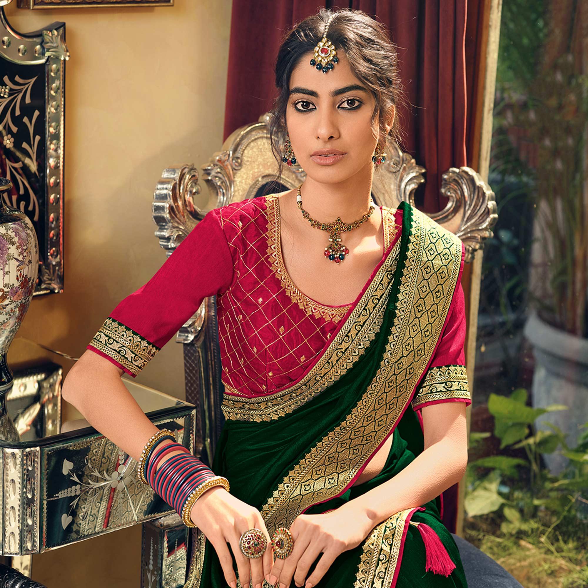 Green Partywear Embroidered Silk Saree - Peachmode