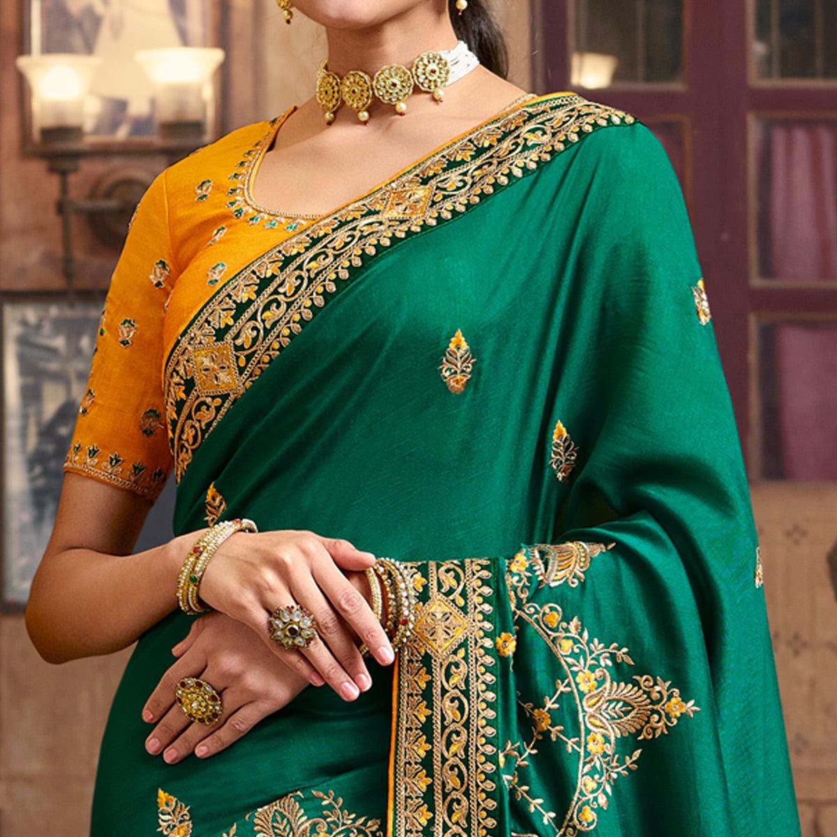 Green Partywear Embroidered Silk Saree - Peachmode