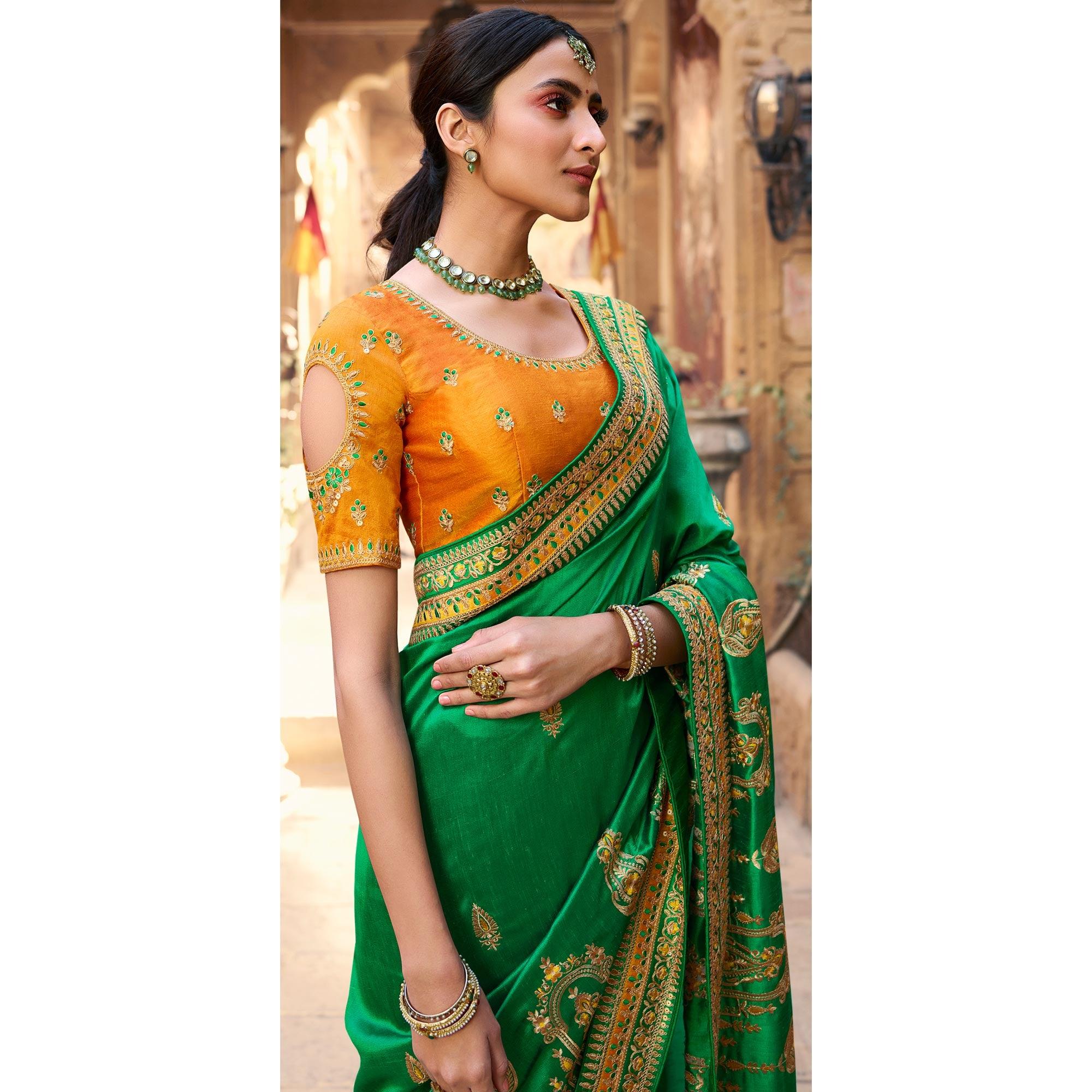 Green Partywear Embroidered Silk Saree - Peachmode