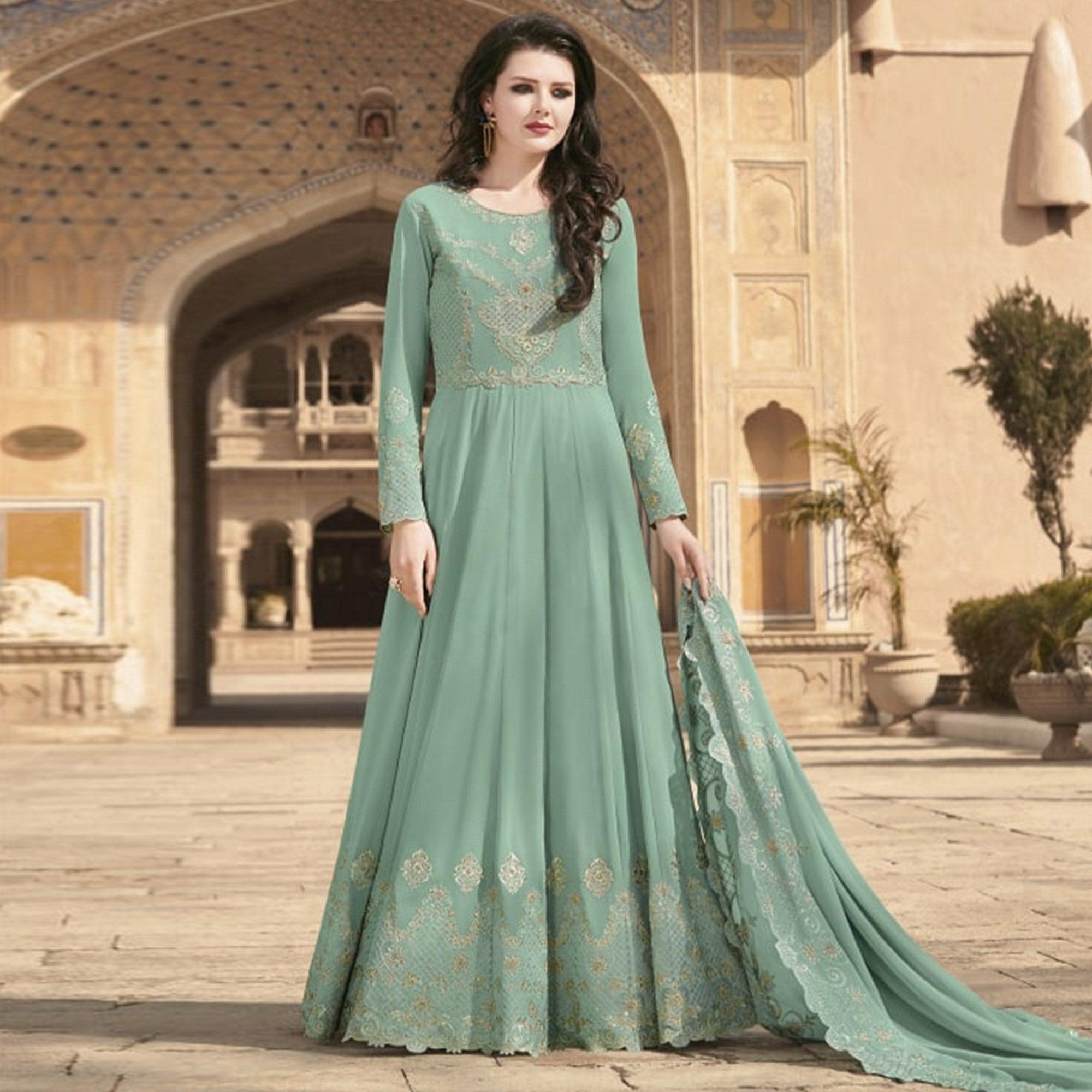 Green Partywear Embroidered Soft Georgette Suit - Peachmode
