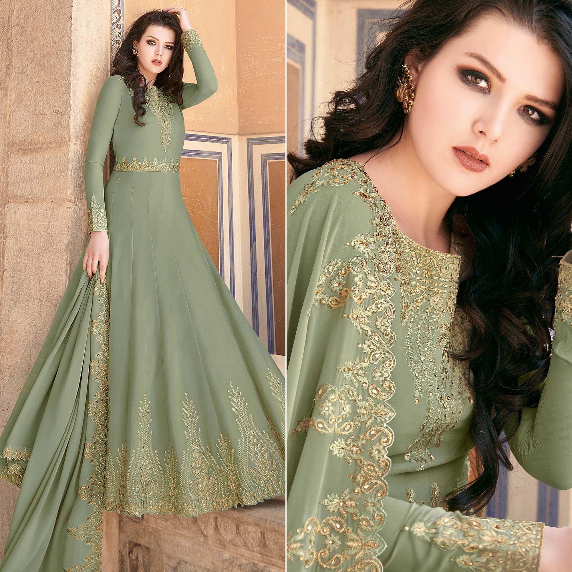 Green Partywear Embroidered Soft Georgette Suit - Peachmode