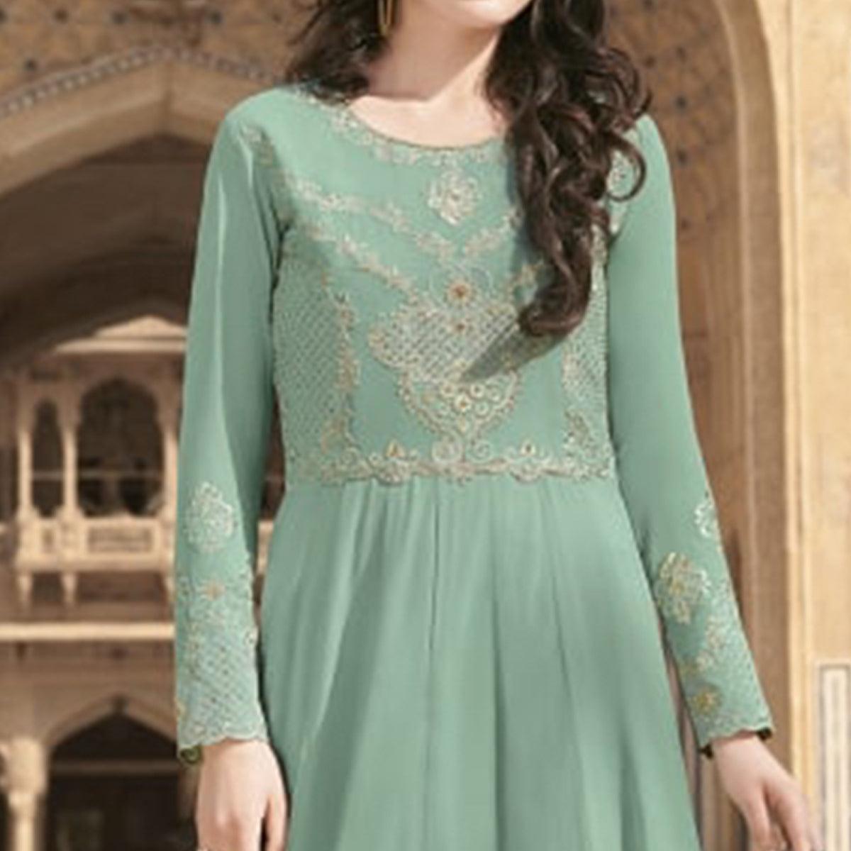 Green Partywear Embroidered Soft Georgette Suit - Peachmode