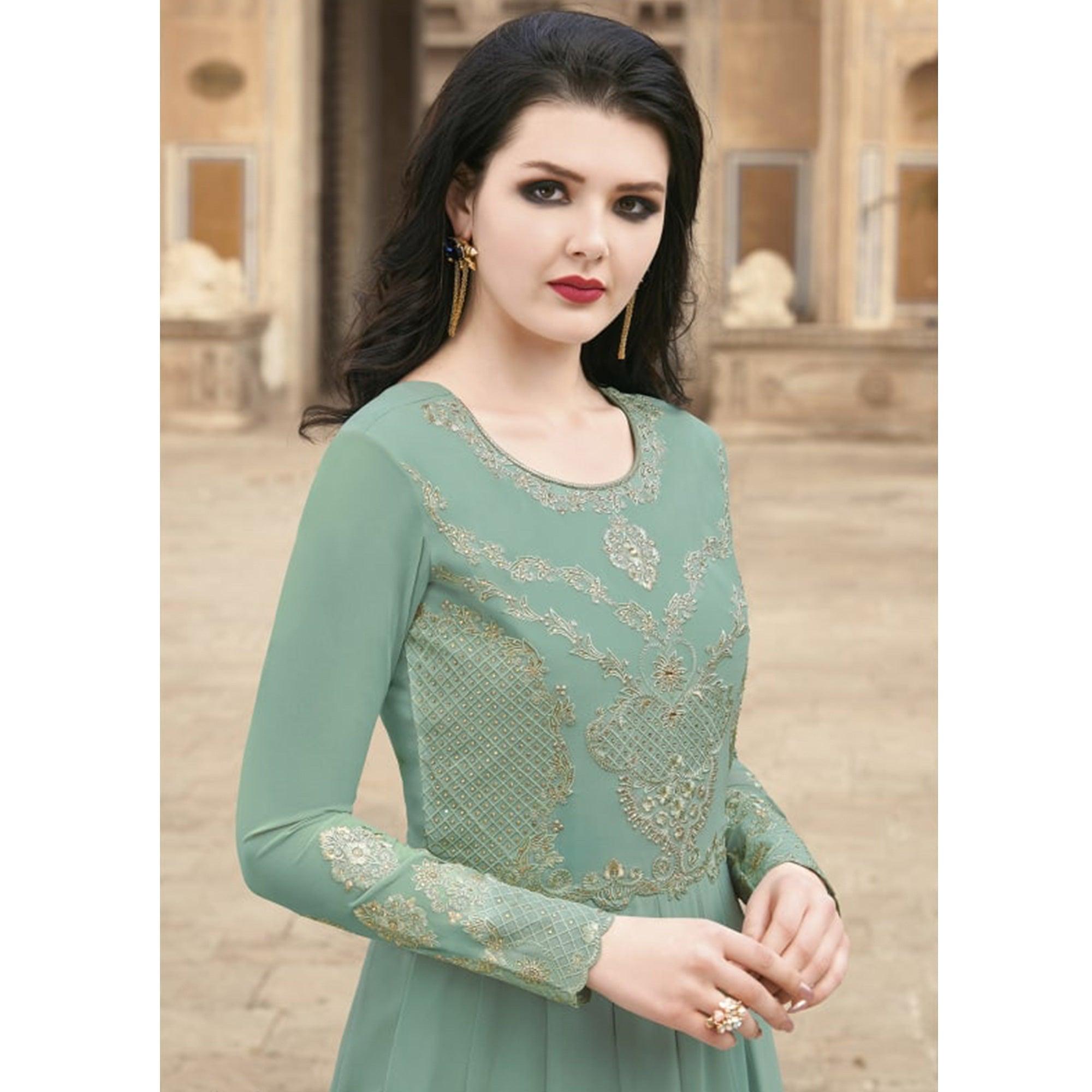 Green Partywear Embroidered Soft Georgette Suit - Peachmode