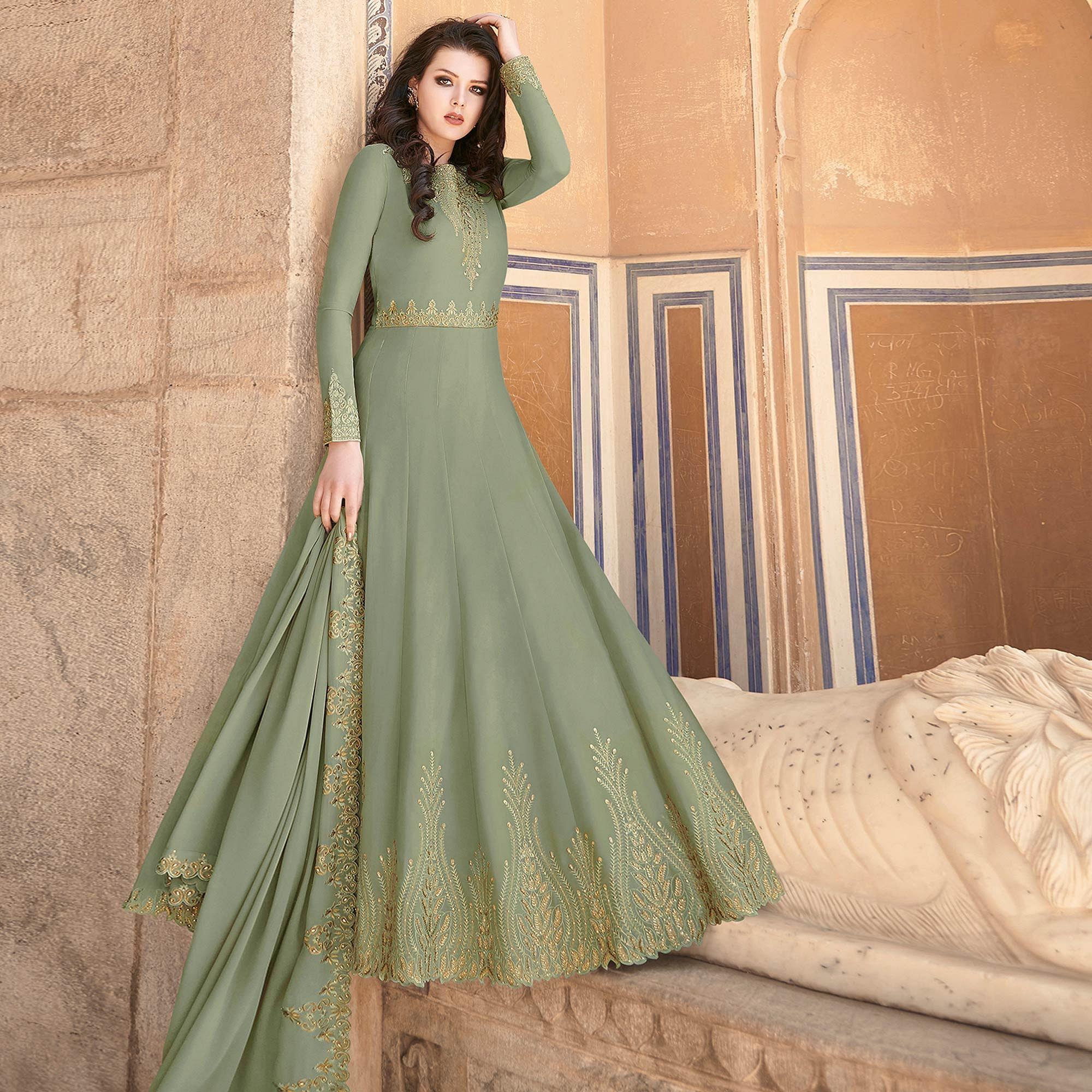 Green Partywear Embroidered Soft Georgette Suit - Peachmode