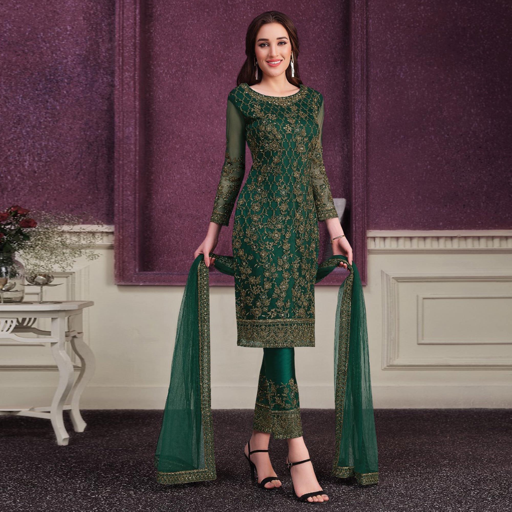 Green Partywear Embroidered Soft Net Suit - Peachmode