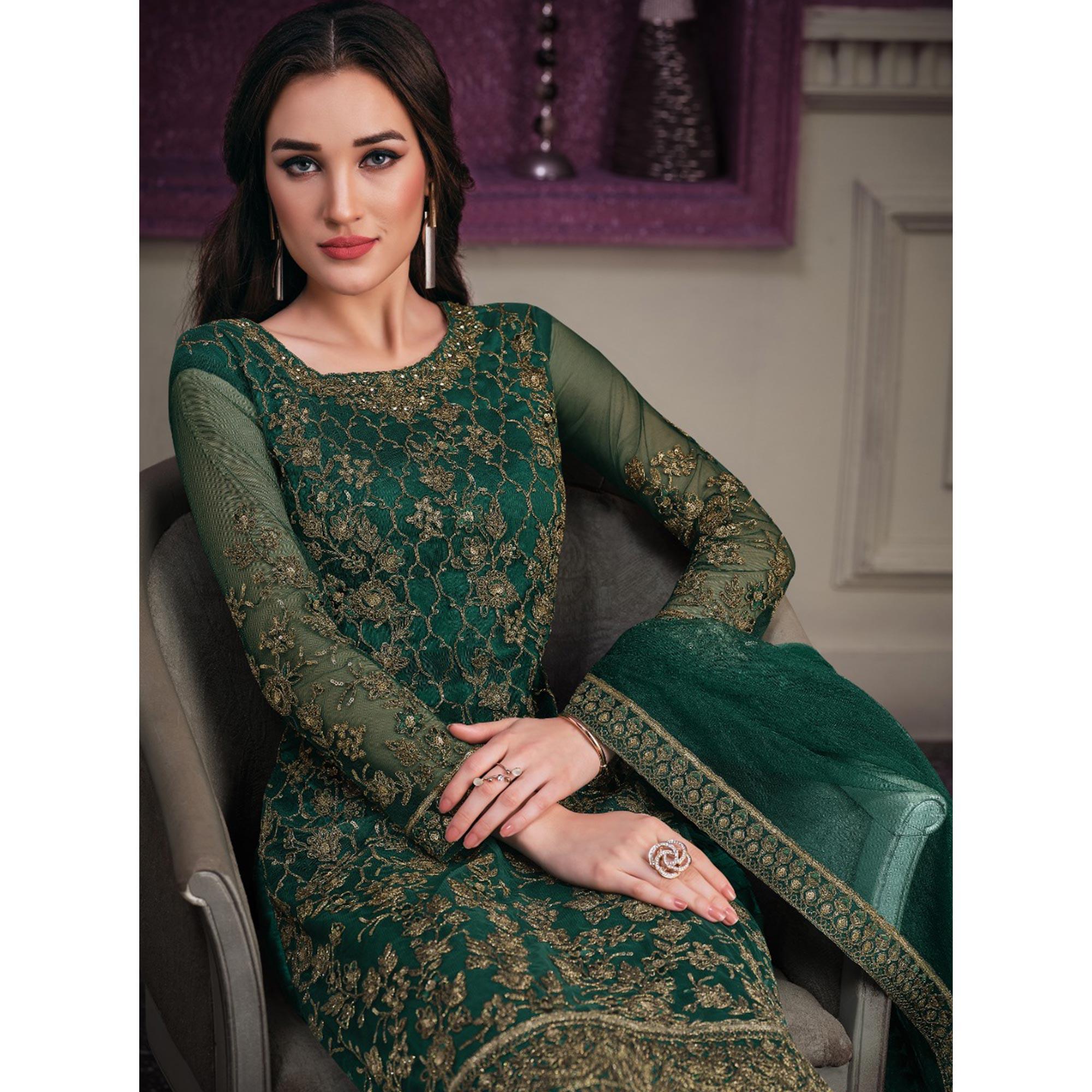 Green Partywear Embroidered Soft Net Suit - Peachmode