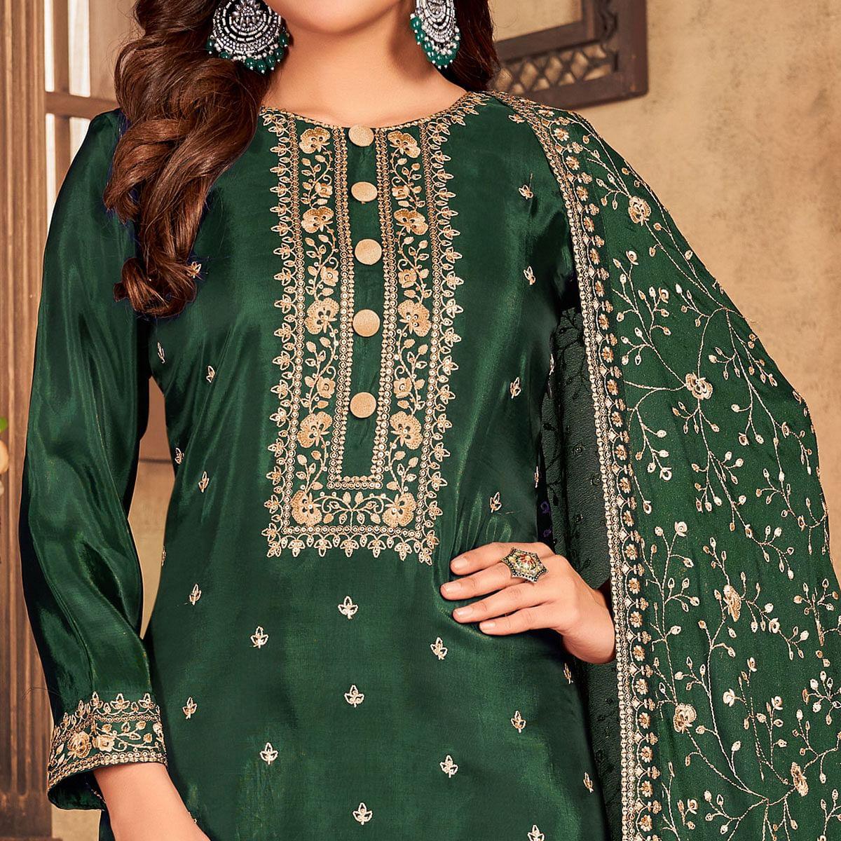 Green Partywear  Embroidered Viscose Upada Salwar Suit - Peachmode