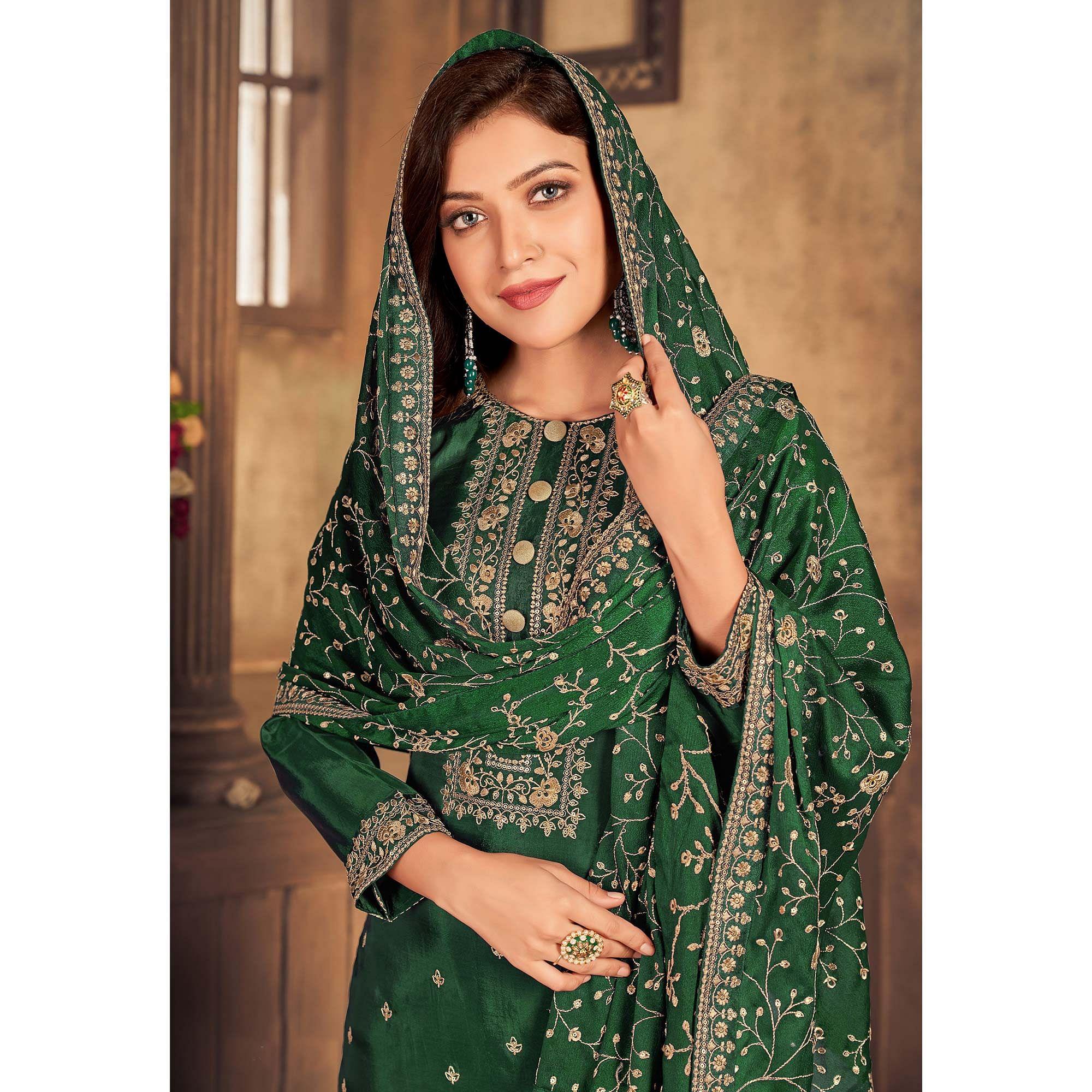 Green Partywear  Embroidered Viscose Upada Salwar Suit - Peachmode