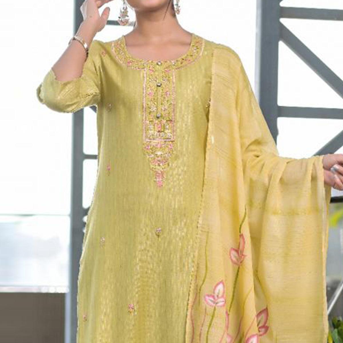Green Partywear Embroidered With Printed Cotton Kurti Pant Set With Dupatta - Peachmode