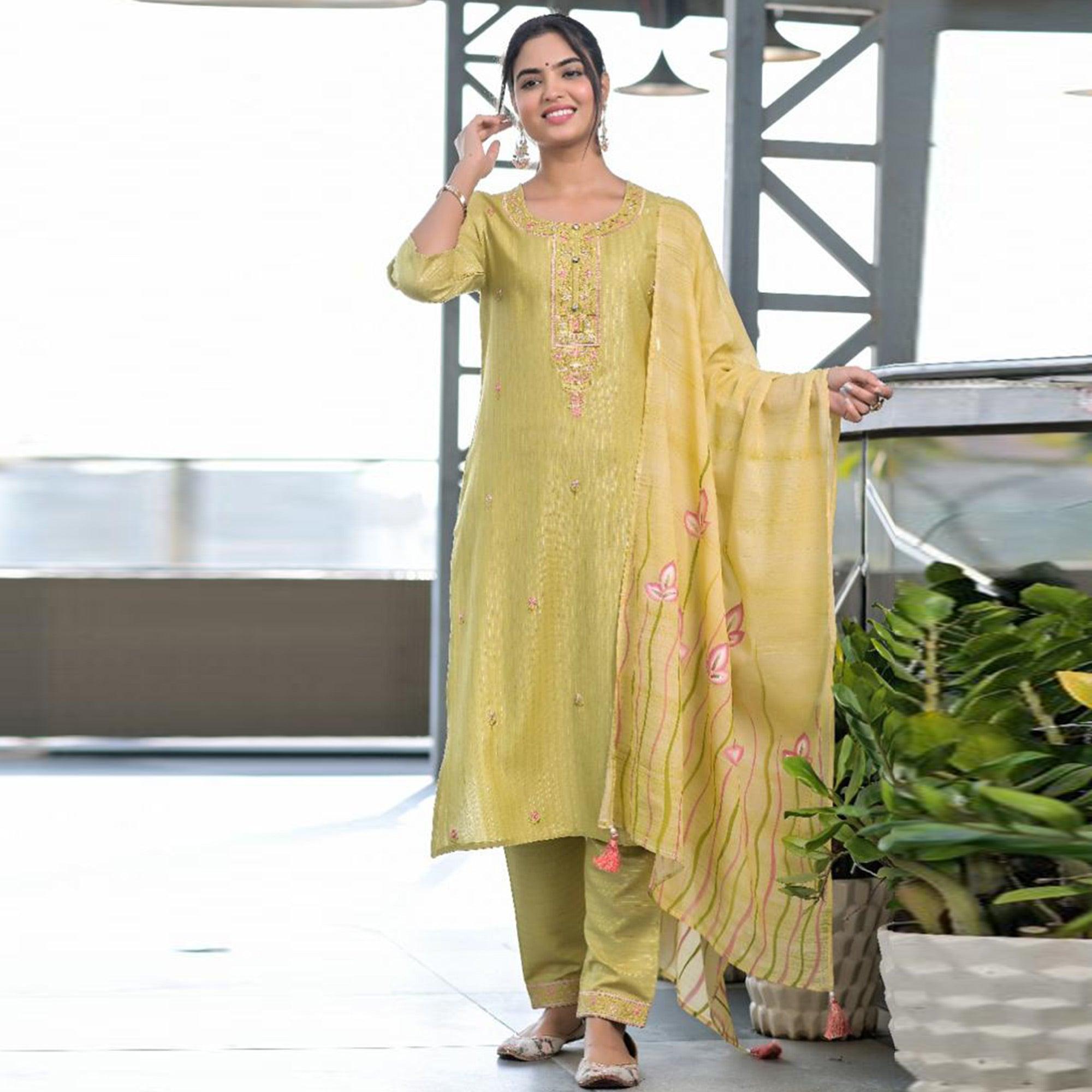 Green Partywear Embroidered With Printed Cotton Kurti Pant Set With Dupatta - Peachmode