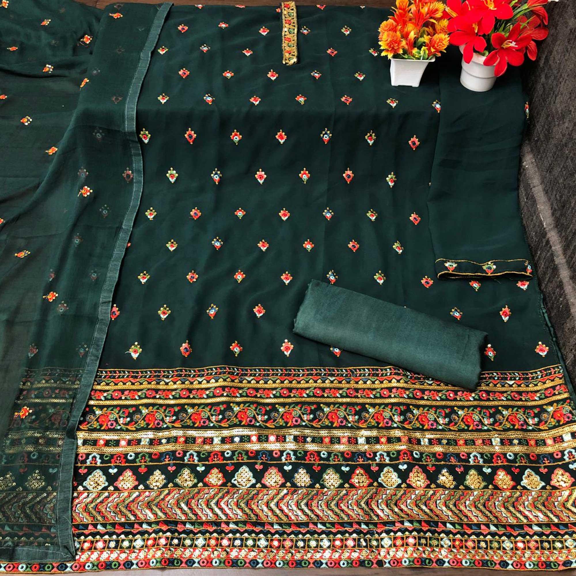 Green Partywear Embroidered with Sequence Work Heavy Faux Georgette Patiala Suit - Peachmode