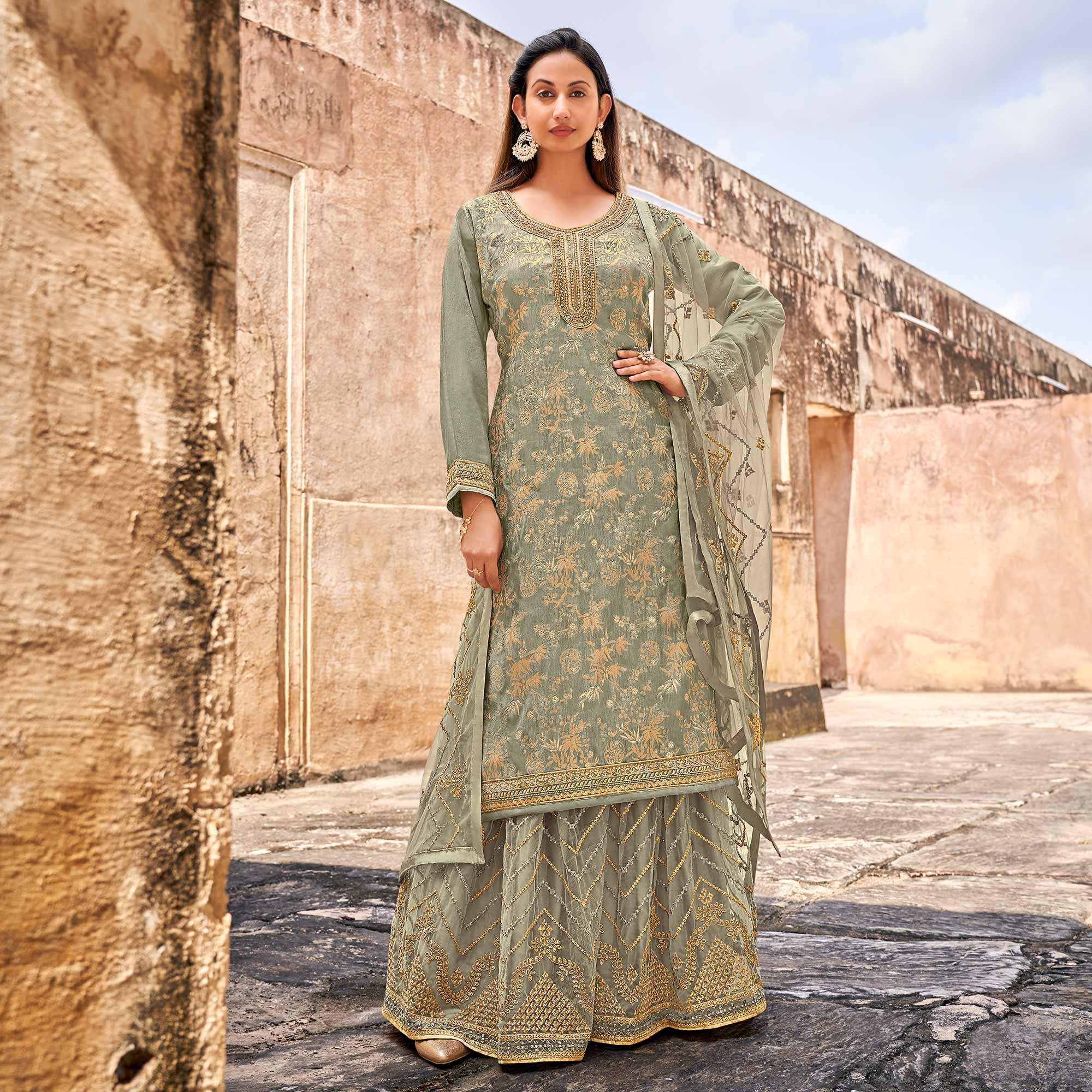 Green Partywear Embroidered With Stone Work Dola Jacquard Palazzo Suit - Peachmode