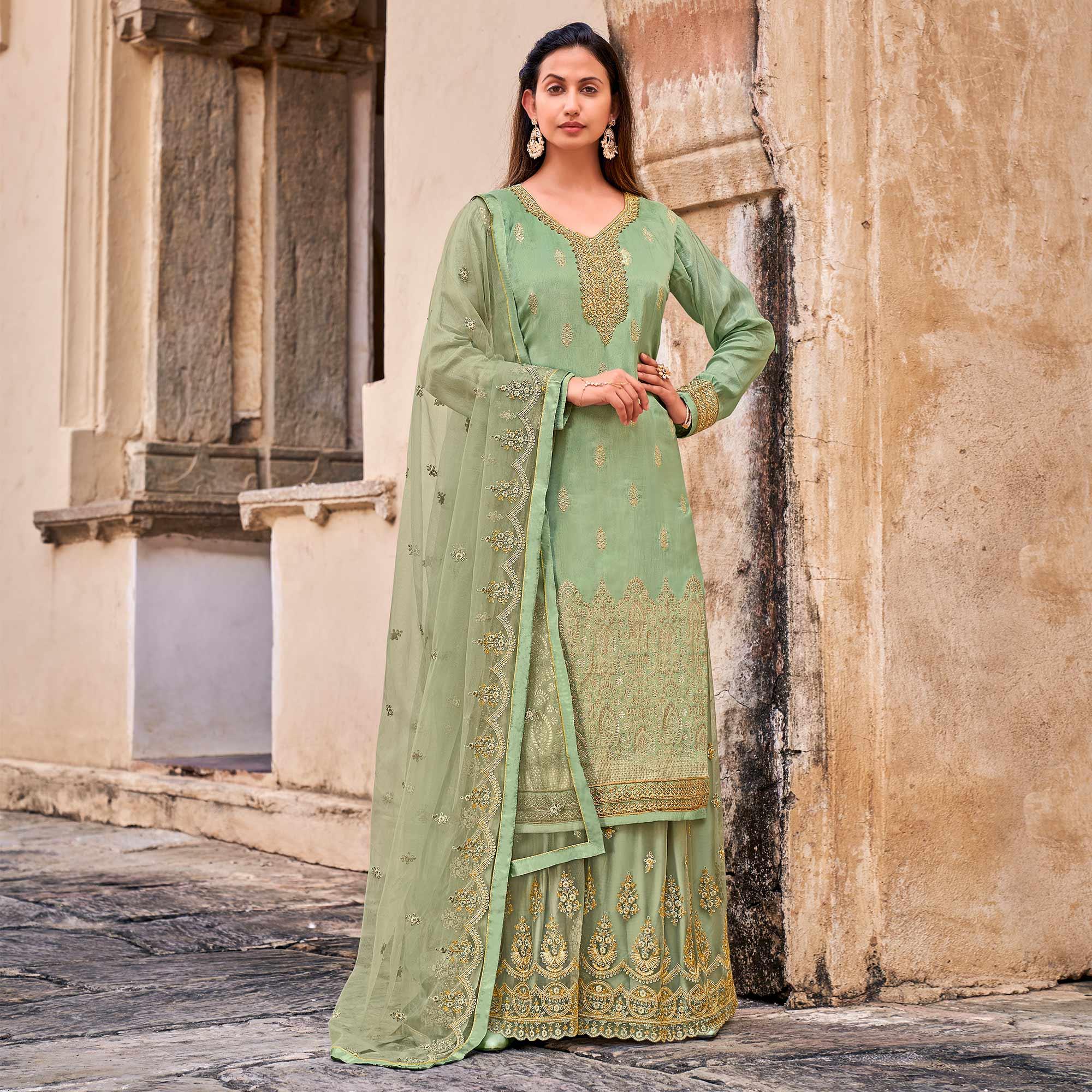 Green Partywear Embroidered With Stone Work Dola Jacquard Palazzo Suit - Peachmode