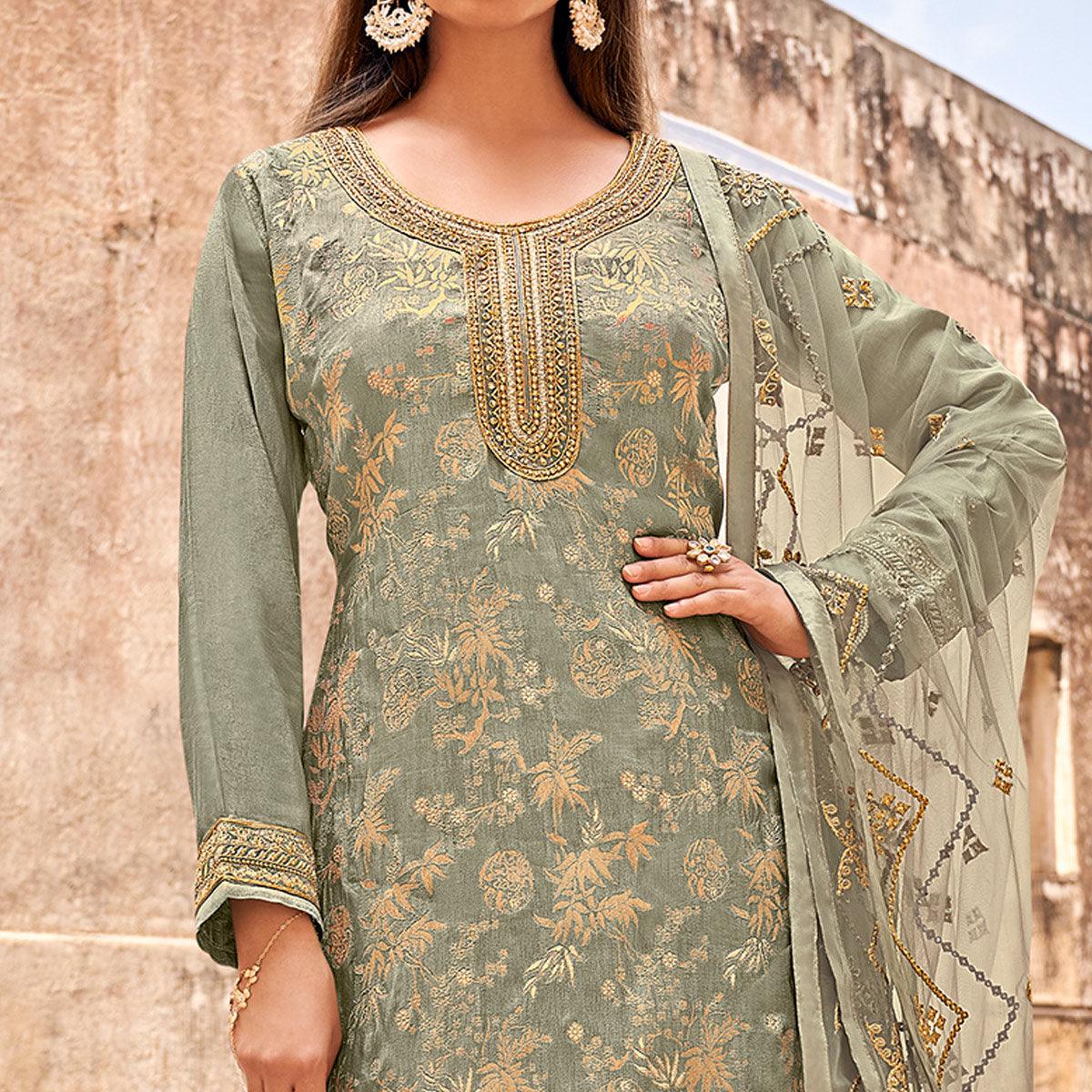 Green Partywear Embroidered With Stone Work Dola Jacquard Palazzo Suit - Peachmode