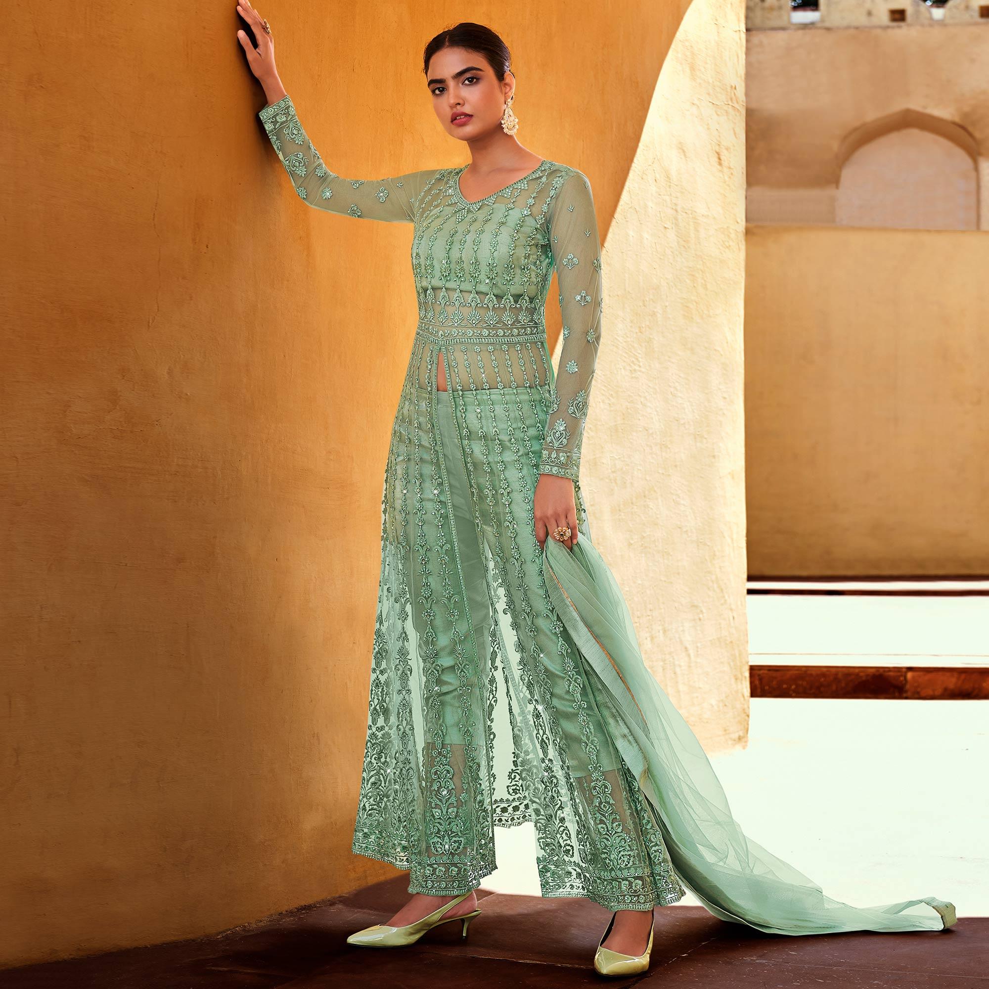 Green Partywear Embroidered with Swarovski Soft Net Suit - Peachmode