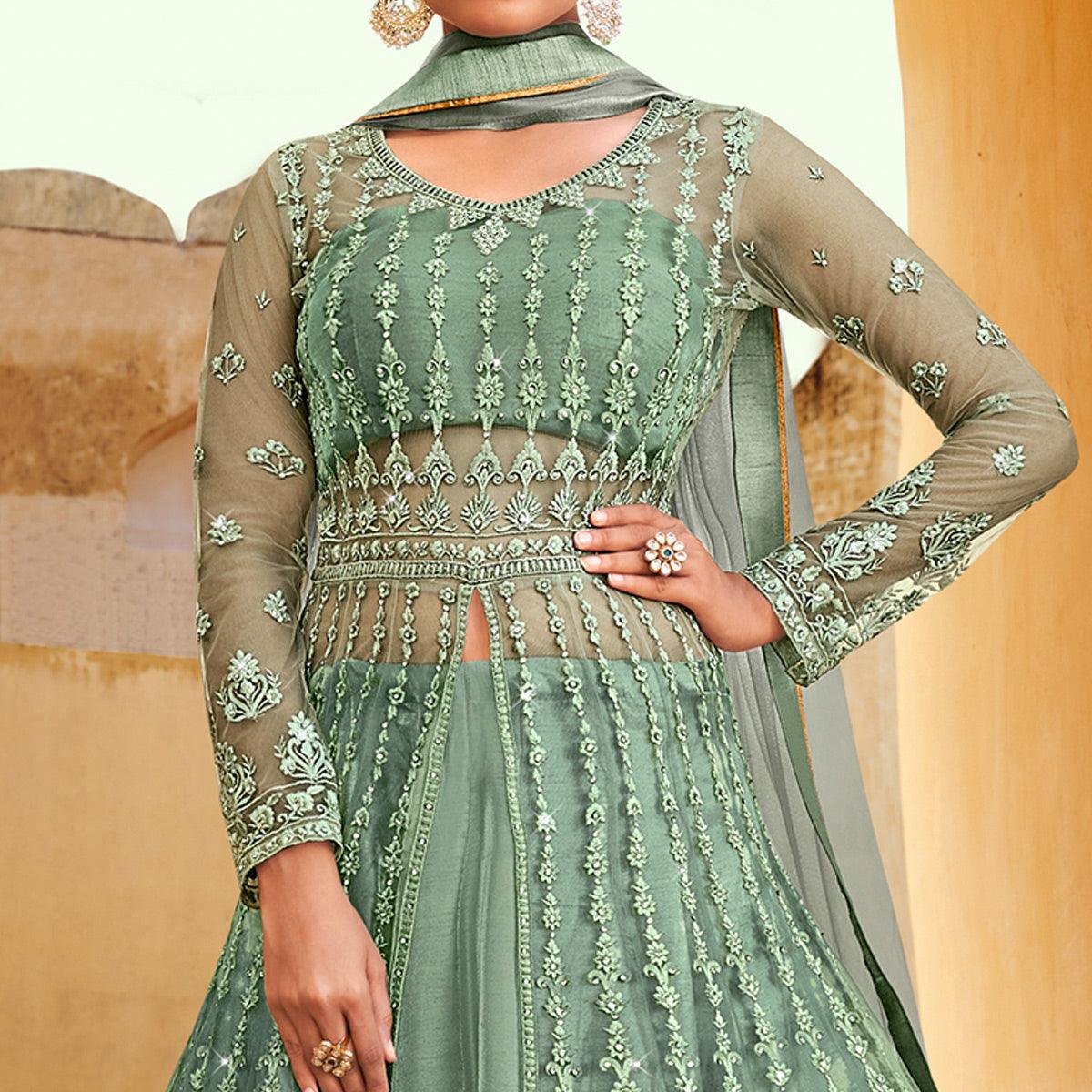 Green Partywear Embroidered with Swarovski Soft Net Suit - Peachmode